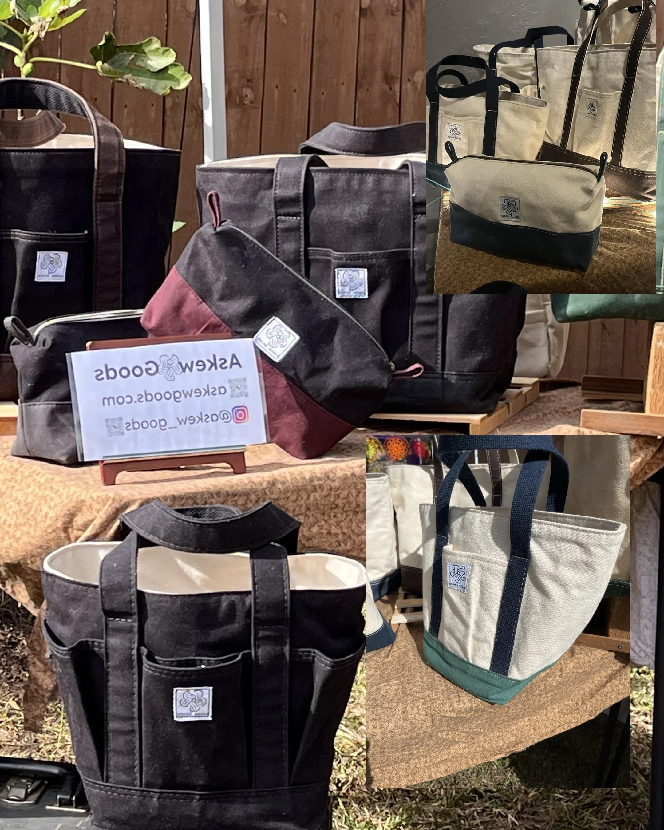 Multiple tote bags in black, gray, beige, and cream colors displayed on tables and shelves at an outdoor market. The bags feature a small logo patch.