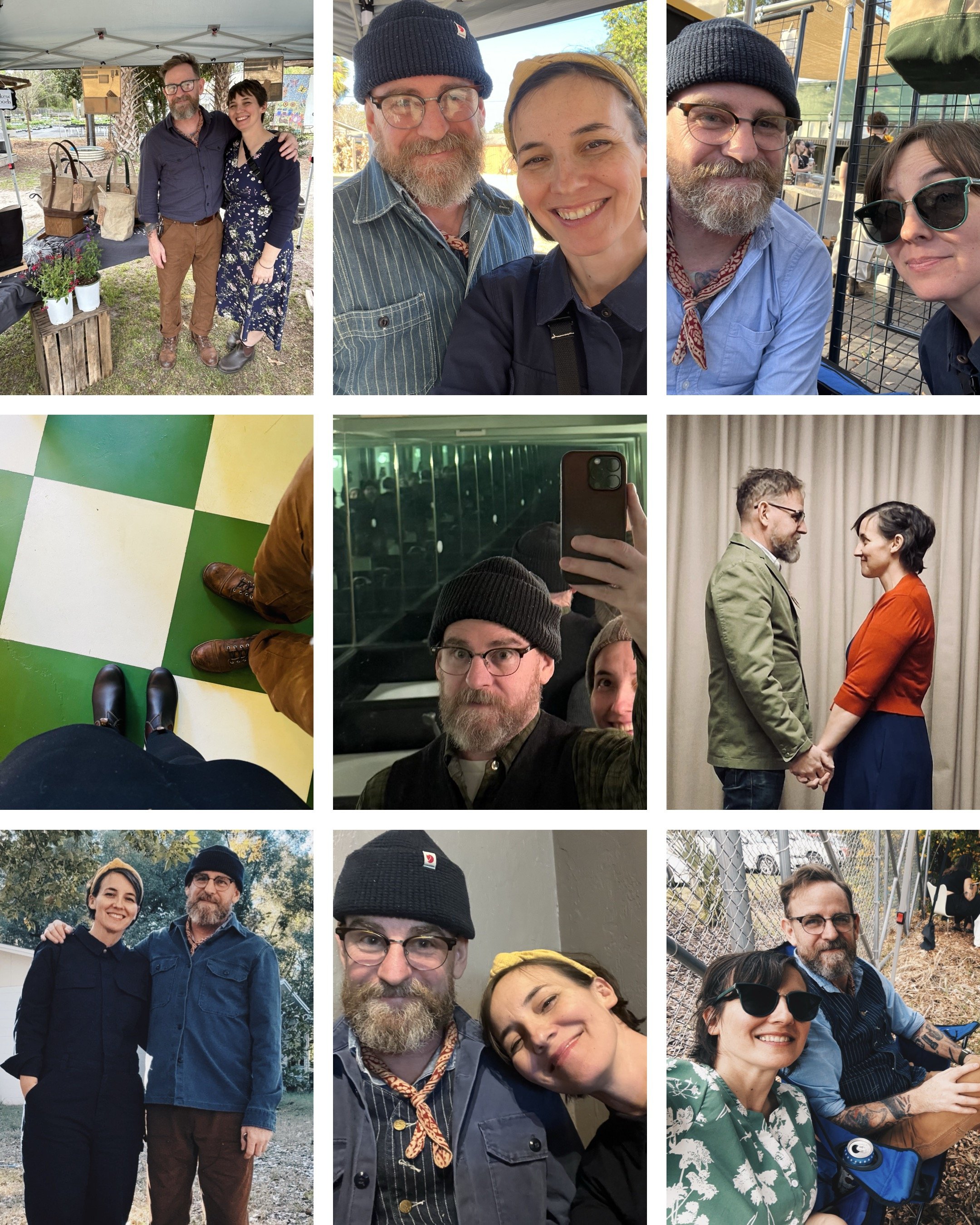 A collage of nine photos featuring a group of people in different outdoor and indoor settings. The photos include individuals smiling, taking selfies, and engaging in social activities.