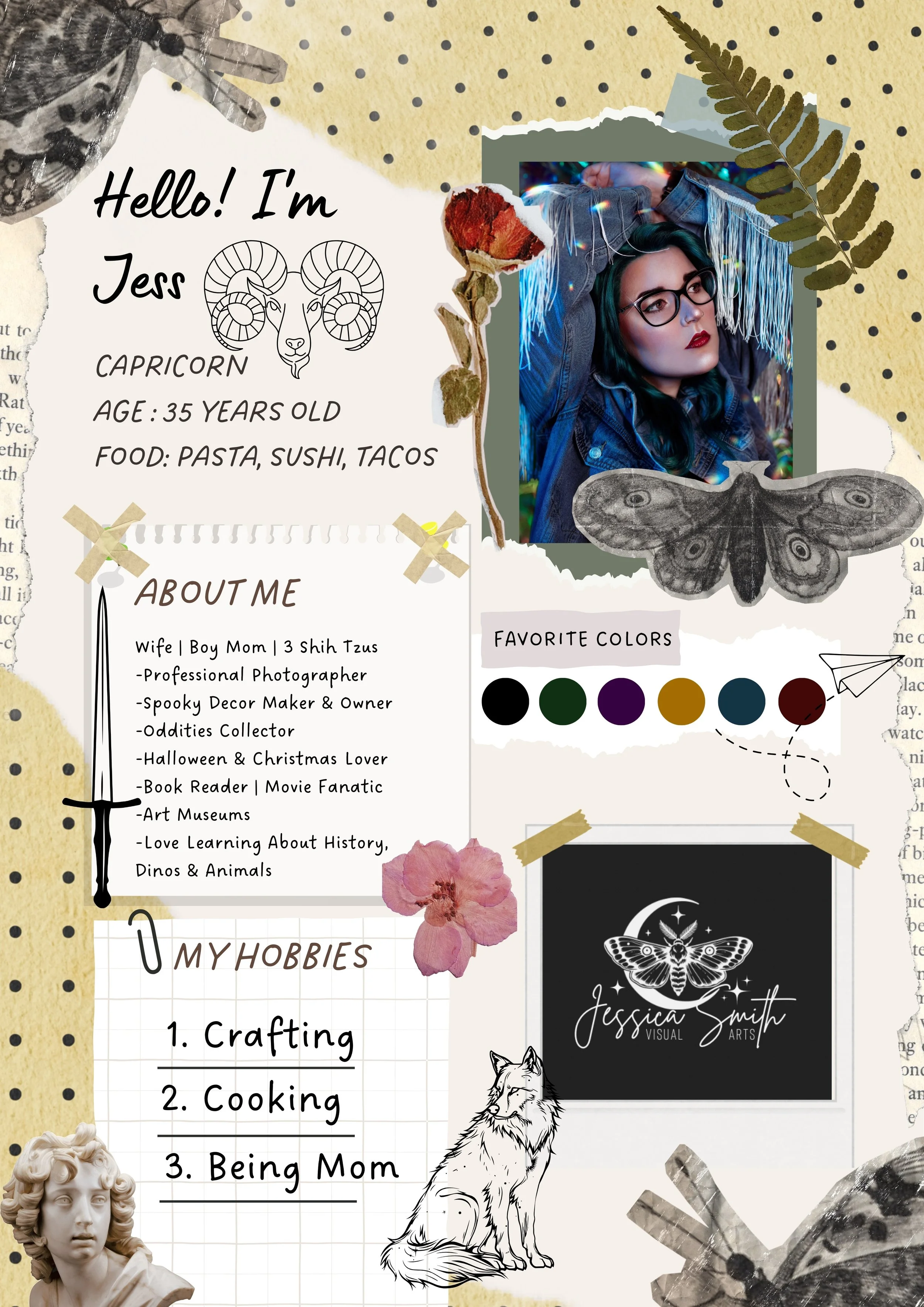 Digital collage biography of Jess, a 35-year-old woman with dark green hair, wearing glasses, in a denim jacket, with decorative elements including a butterfly, a flower, a wolf sketch, and an outdoor background.