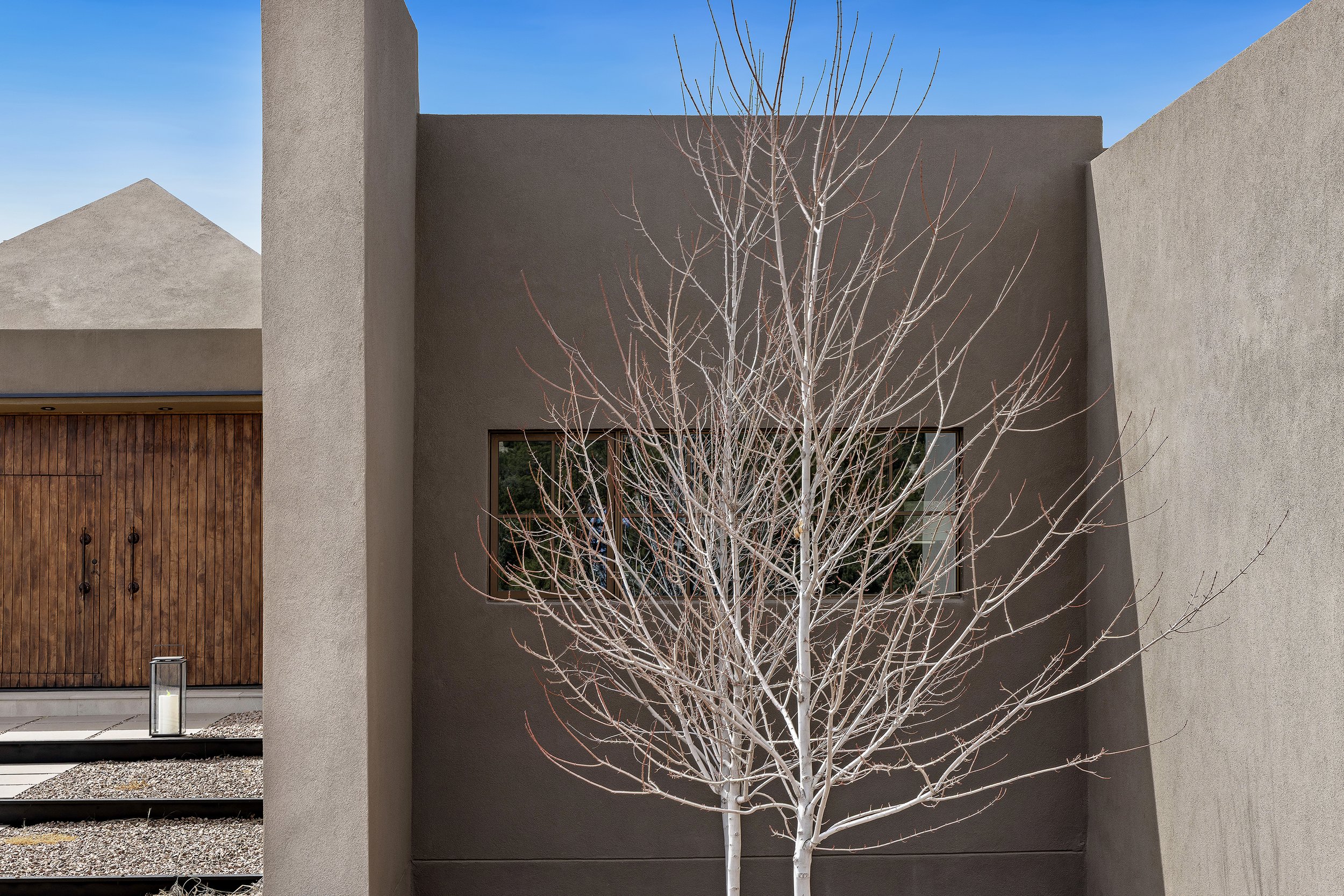 Modern building facade with bare tree, large wooden door, and minimalist stone pathway under blue sky.