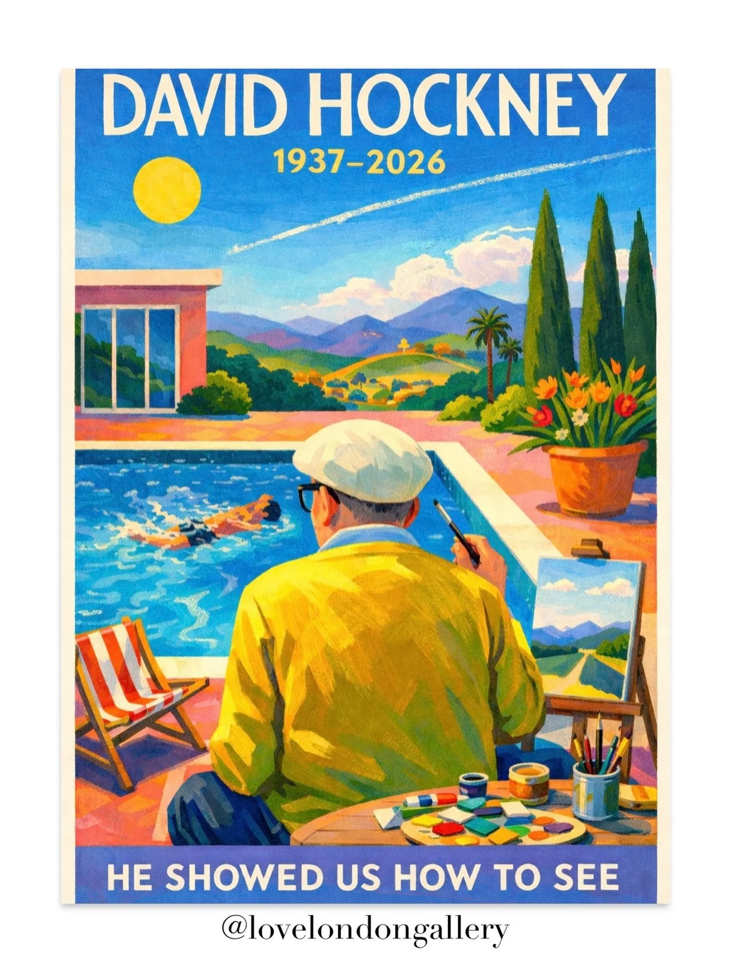 Lovelondon Gallery remembers David Hockney.

There are certain colours that belong to memory. The blue of a pool at noon. The pink of a wall in late sunlight. The green of a road disappearing into summer.
For decades, David Hockney gave us those colo