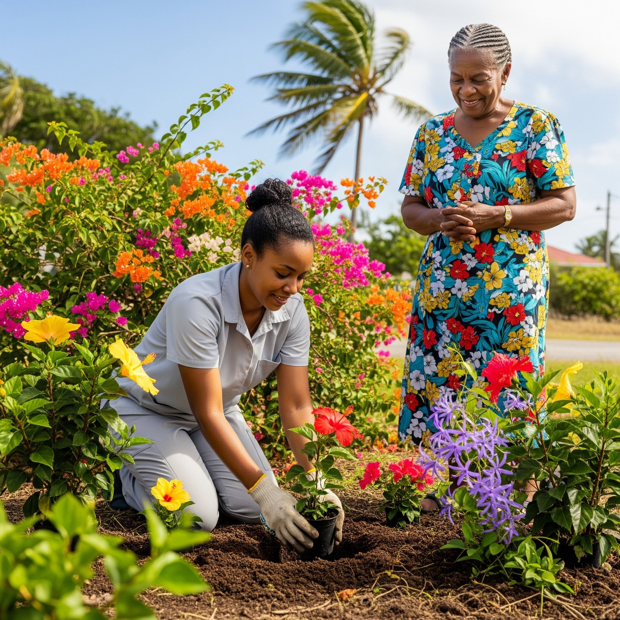 A young woman planting a flower in the garden while an older woman in a colorful floral dress looks on, surrounded by vibrant flowers and a palm tree.