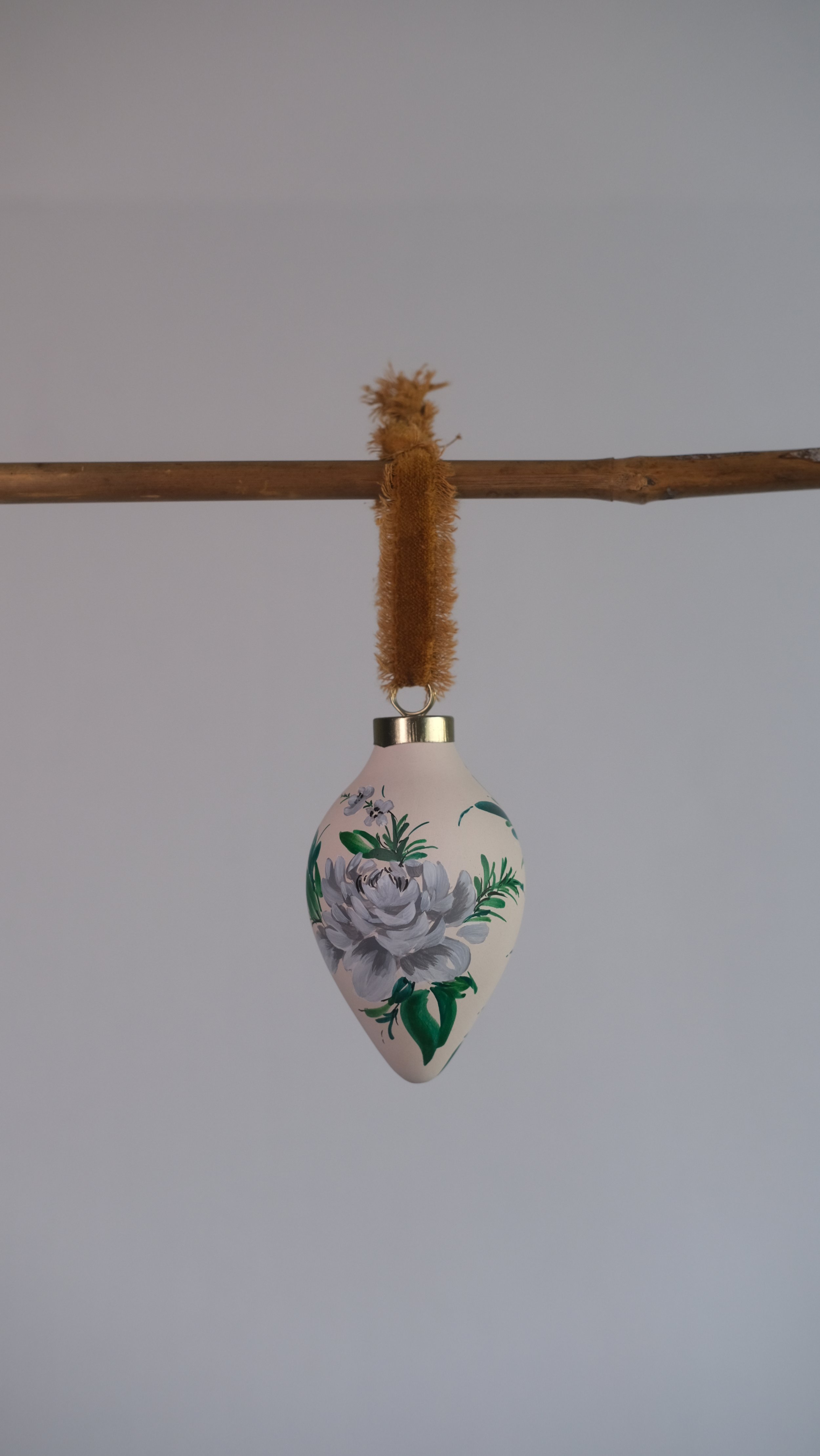 Hand Painted Floral Ceramic Ornament | Peony on Ivory | Carrot shape