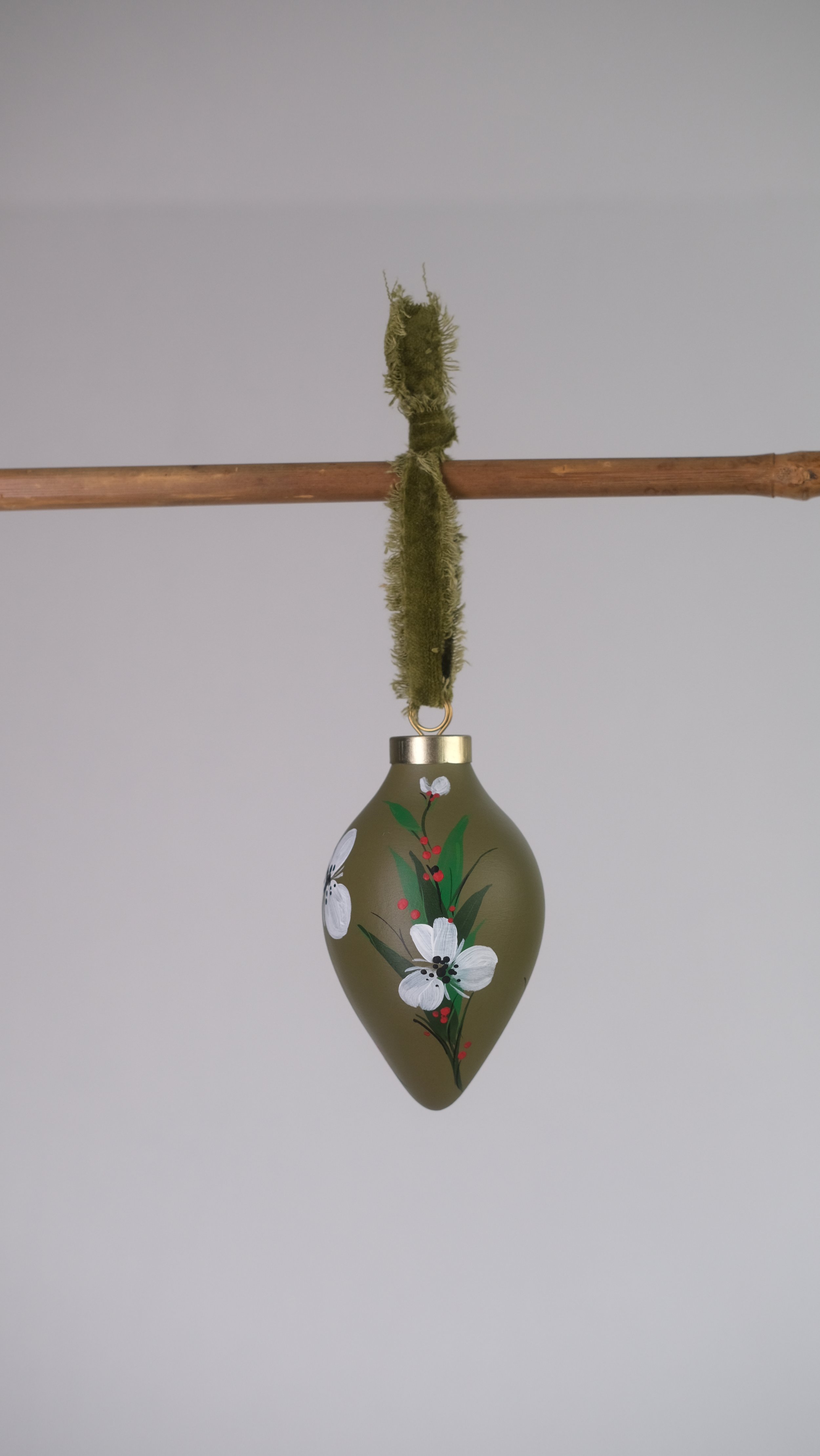 Hand Painted Floral Ceramic Ornament | Wildflower on Olive Green | Carrot Shape