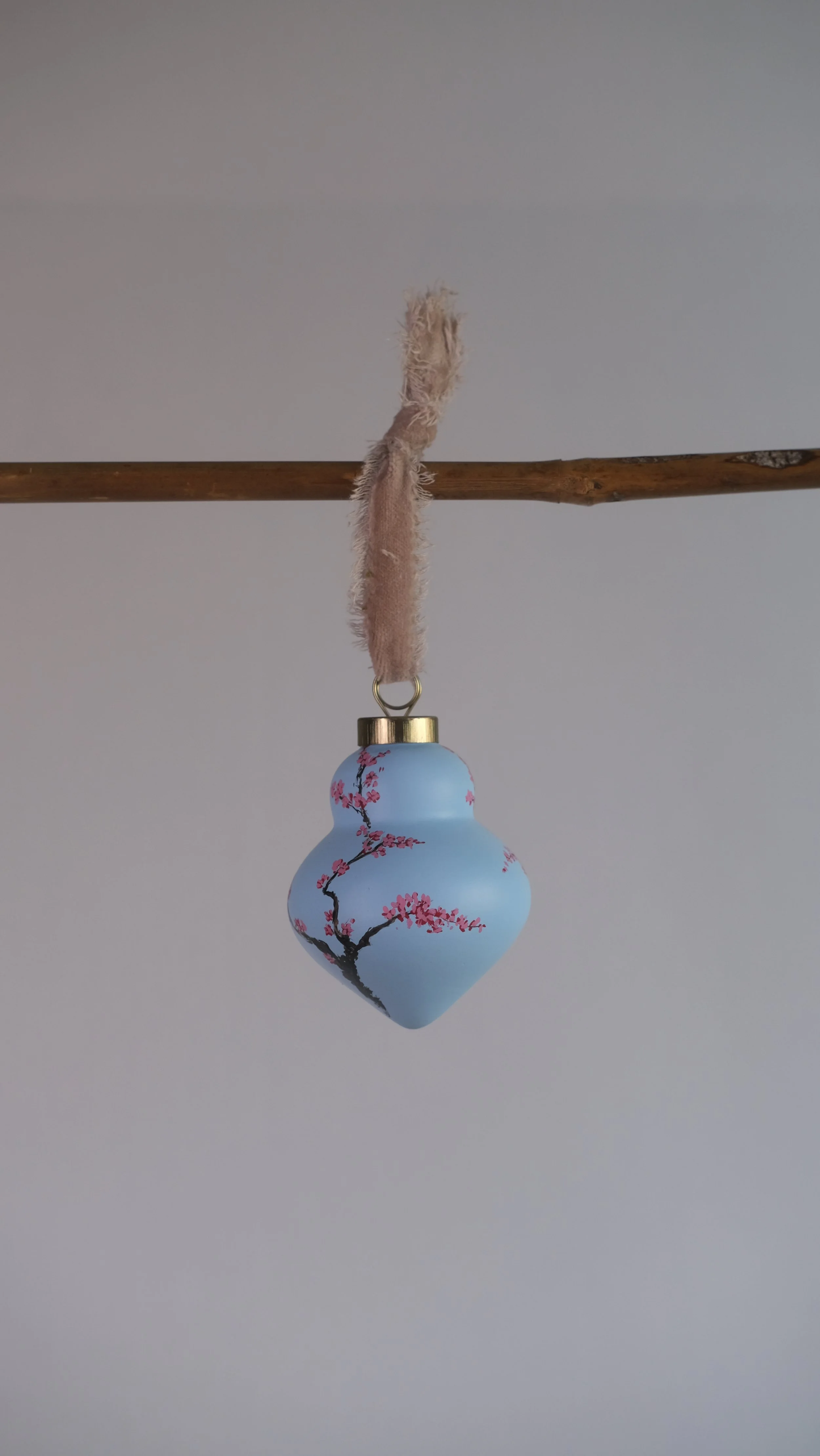 Hand Painted Floral Ceramic Ornament | Cherry Blossom on Light Blue | Pear Shape
