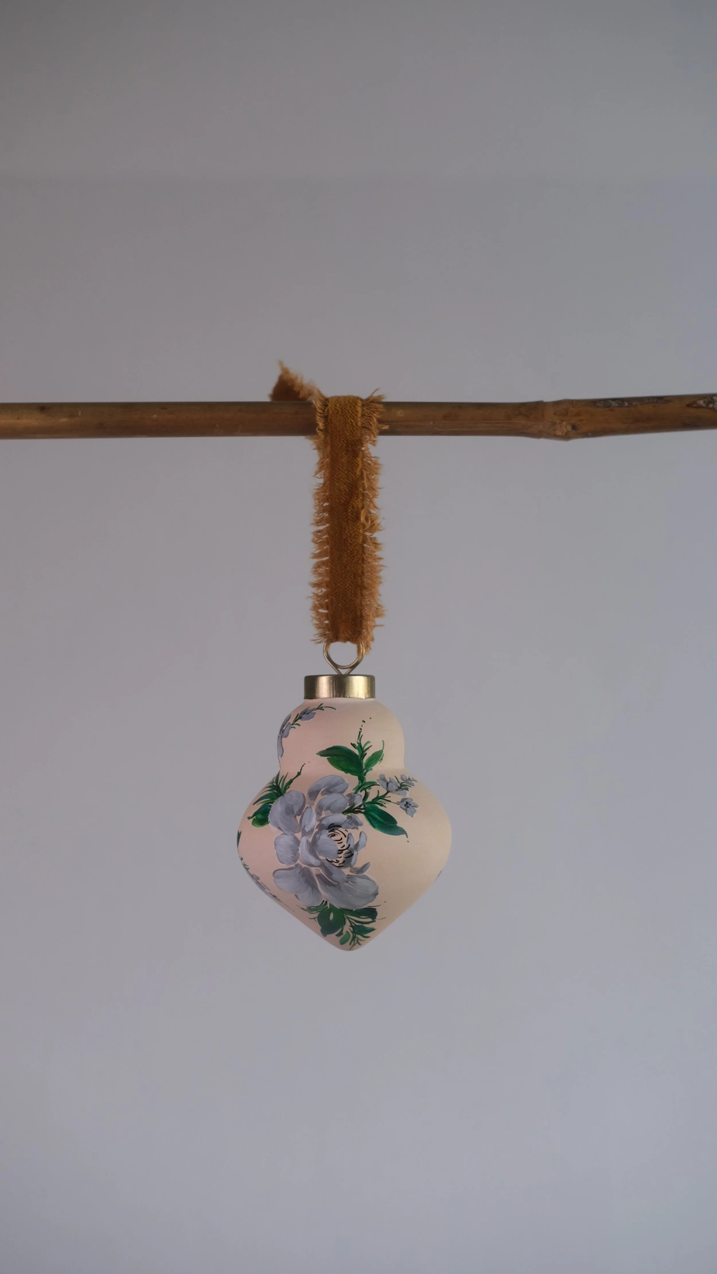 Hand Painted Floral Ceramic Ornament | Peony on Ivory | Pear Shape