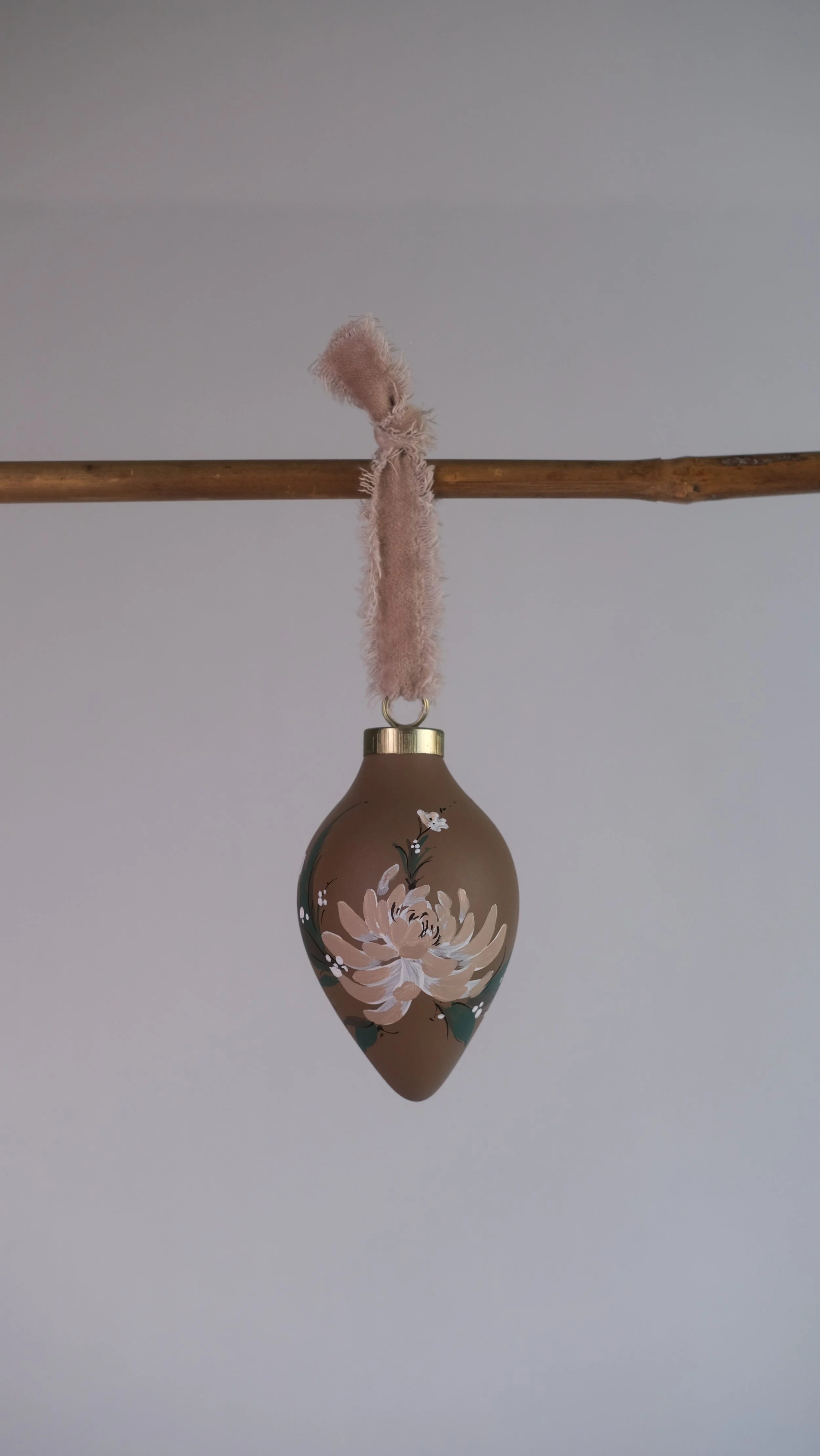 Hand Painted Floral Ceramic Ornament | Chrysanthemum on Brown | Carrot Shape
