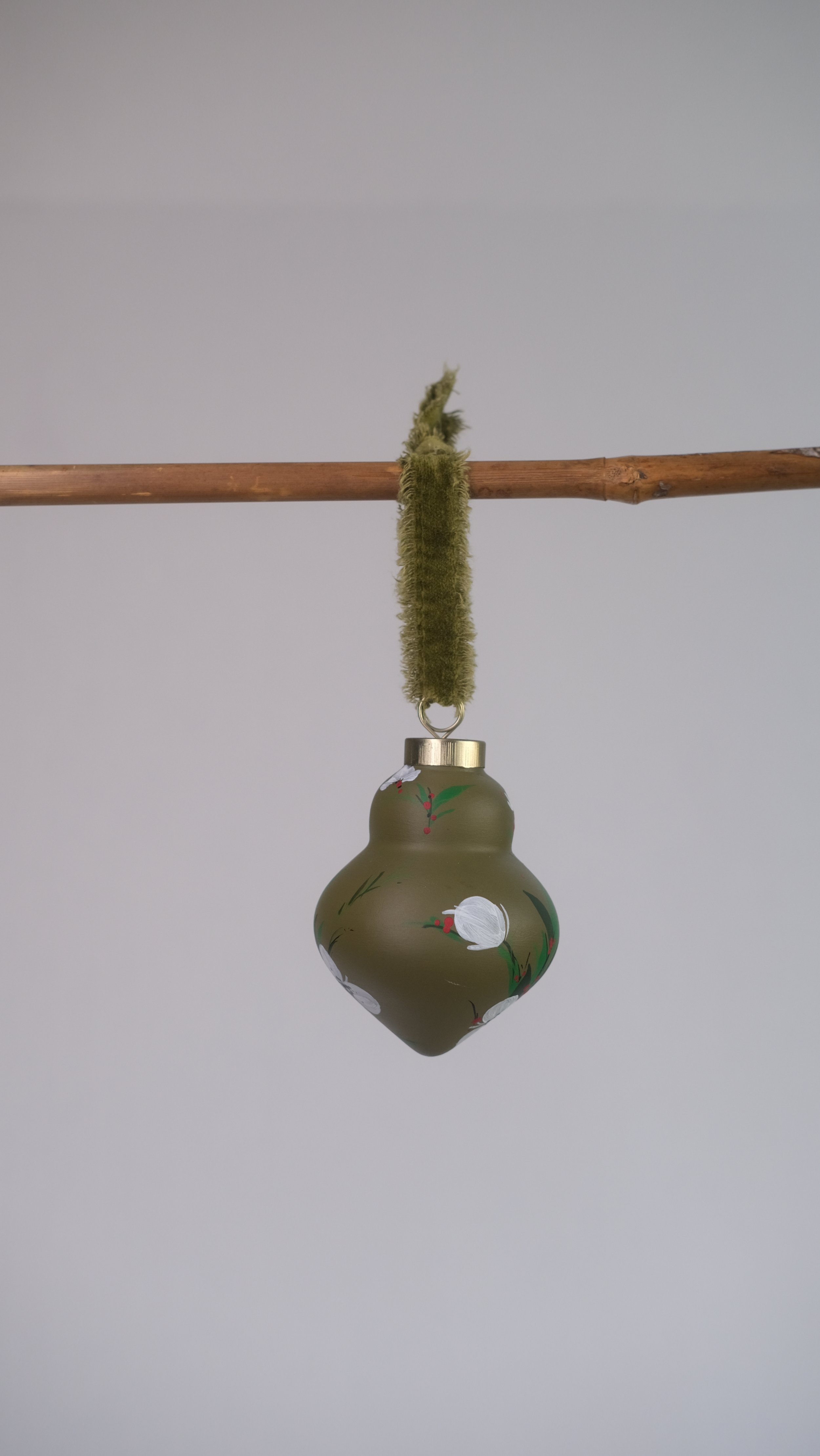 Hand Painted Floral Ceramic Ornament | Wildflower on Olive Green | Pear Shape