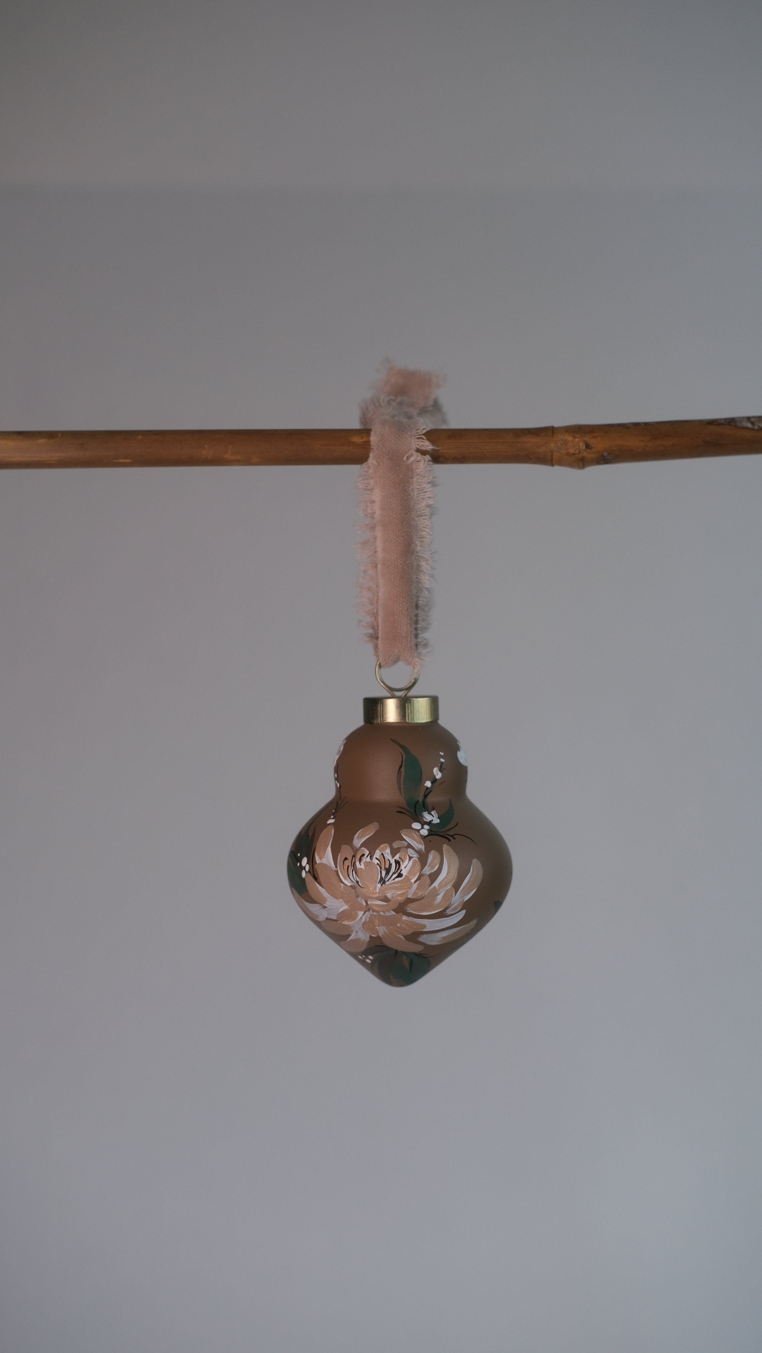 Hand Painted Floral Ceramic Ornament | Chrysanthemum on Brown | Pear Shape