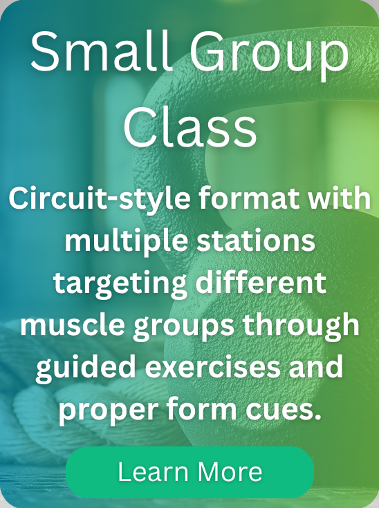 Weight kettle and battle rope with a description about small group classes.