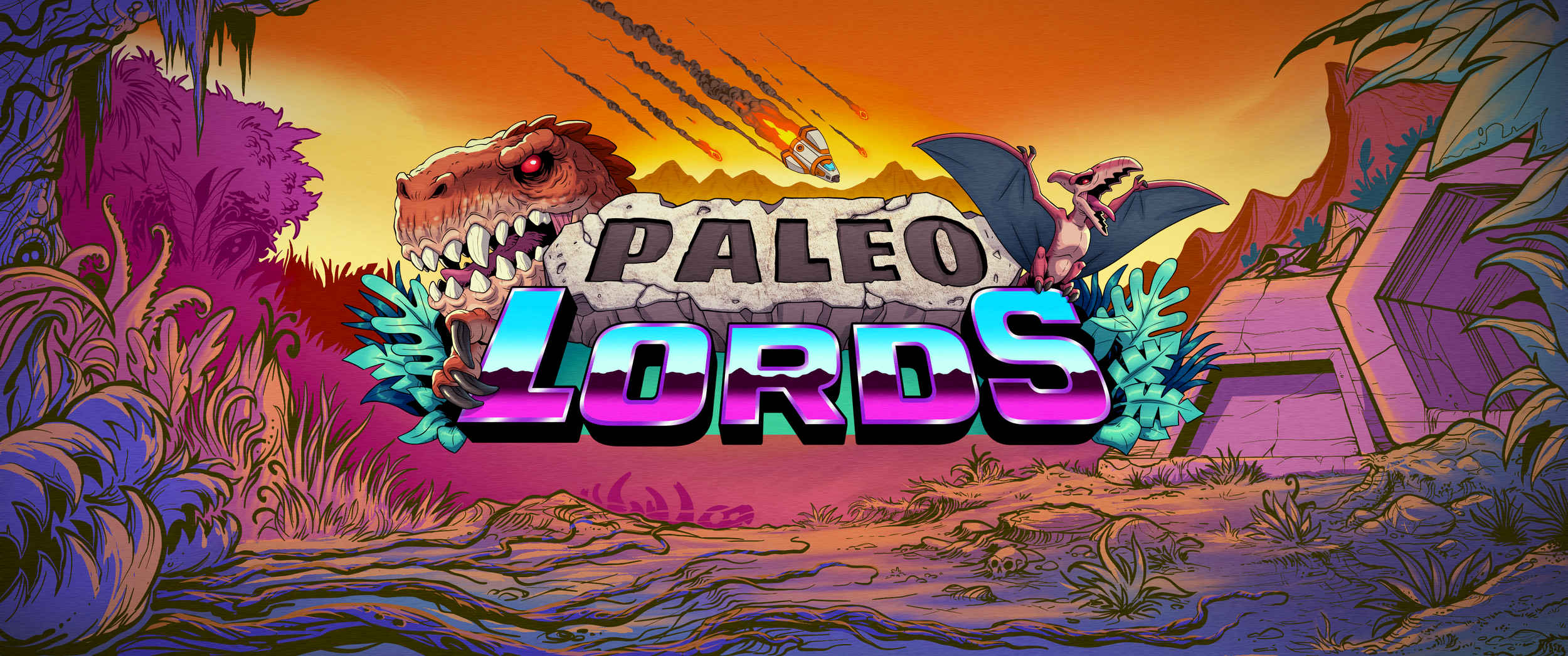 A colorful, animated scene with a T-Rex dinosaur and a pterodactyl standing near a stone sign that reads "PALEO". The background features a sunset sky, mountains, and a spaceship firing missiles. The scene is surrounded by prehistoric jungle foliage and ancient ruins. The text "LORDS" appears prominently at the bottom in bold, neon-style letters.