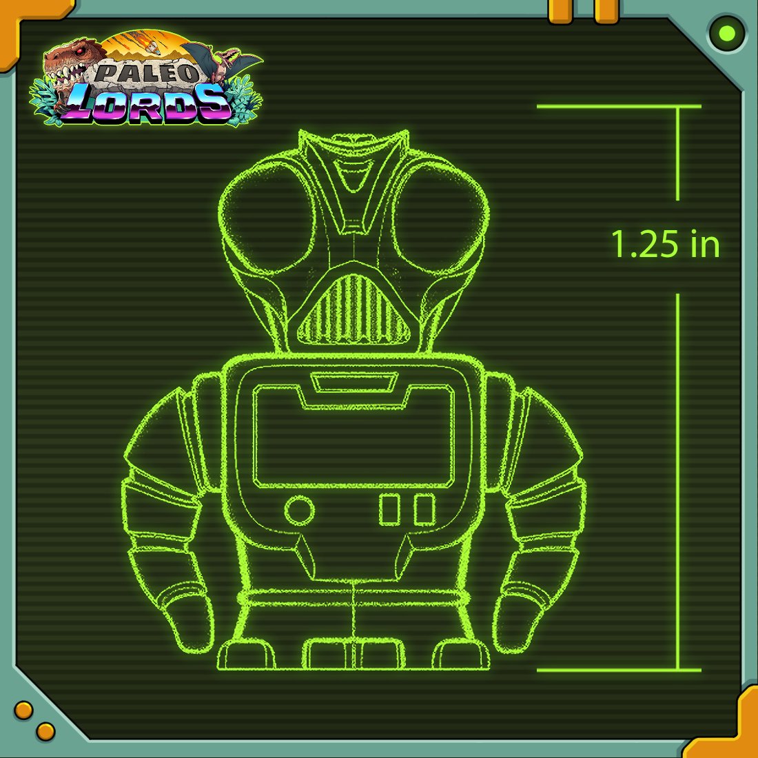 A neon green digital blueprint of a robot with a human-like body and a futuristic gas mask-style faceplate on a black background, with the logo 'PALEOLORDS' in the top left corner.