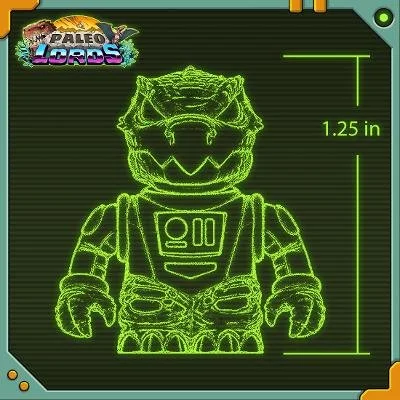Green neon outline of a dinosaur figure with a digital display on its chest, measuring 1.25 inches, from Paleo Lords branding.
