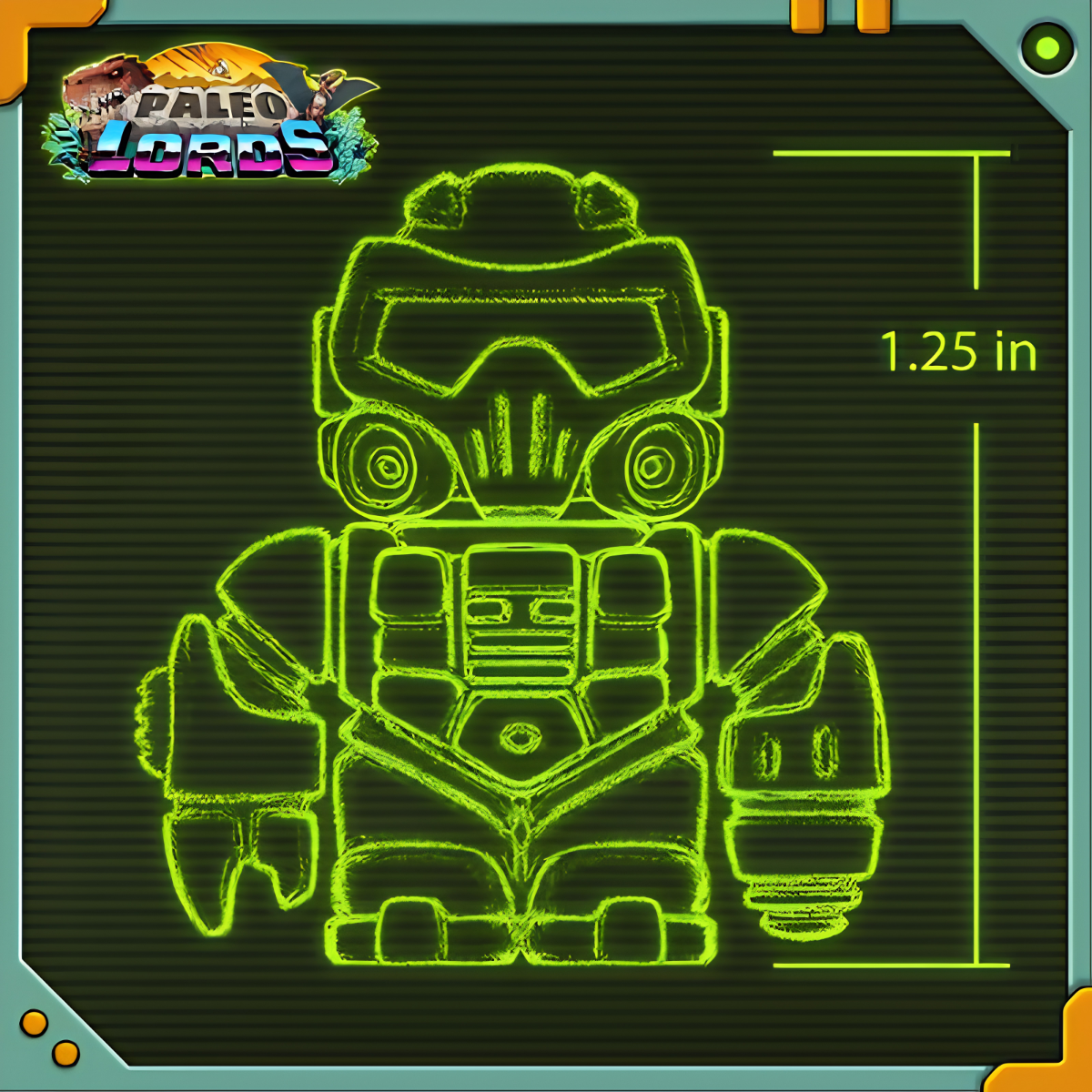 A neon green digital drawing of a dinosaur-like robot with a person wearing goggles on its head in a cockpit on top of it, displayed on a screen with a height measurement of 1.25 inches. The top left corner has a logo with the text "Daleo Lords" and an image of a dinosaur and a person.