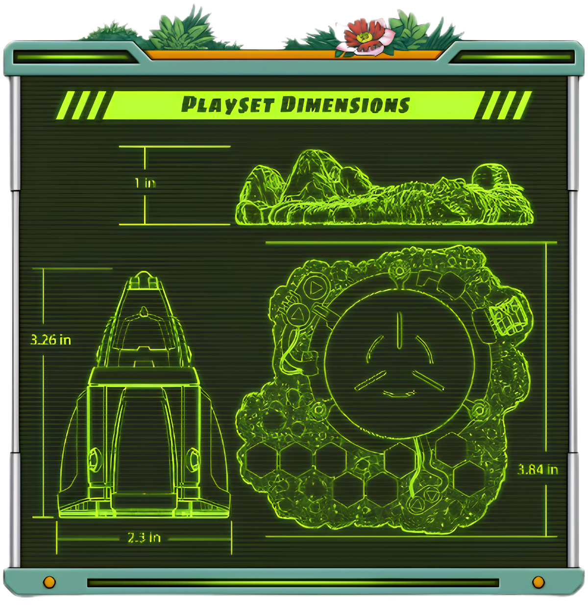 Green neon-style digital blueprint of a space playset, including a spaceship, a circular play ring with controls, and a terrain with mountains, with measurements for each part.