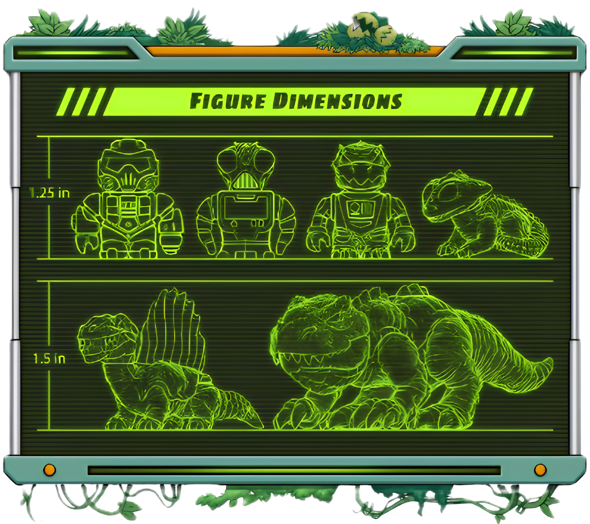 A digital display chart showing figure dimensions of various dinosaurs and prehistoric creatures, with height measurements 1.25 inches and 1.5 inches. The top row features cartoon-style humanoid aliens or astronauts, and the bottom row features dinosaur-like creatures. The display has a sci-fi design with green glowing lines on a dark background, and some parts are decorated with plants at the top and bottom.