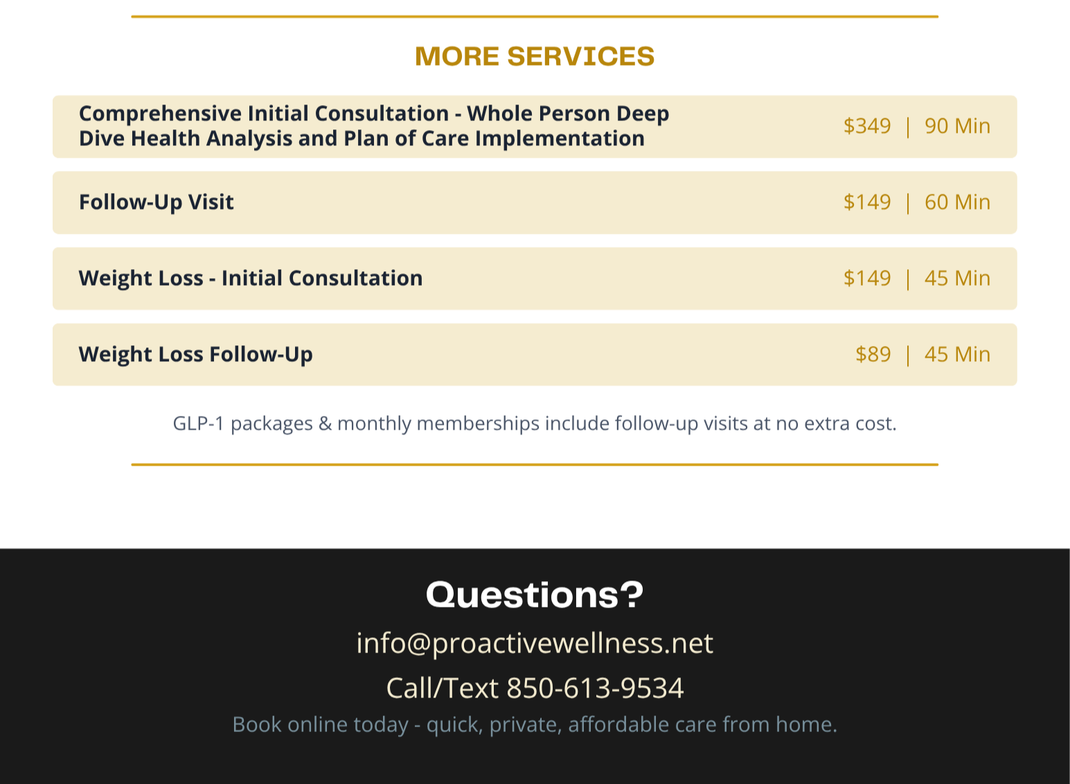 A list of wellness services with prices and durations, including initial consultation, follow-up visit, weight loss consultation, and weight loss follow-up, with a note about follow-up visits included in packages and memberships. Contact information and booking details at the bottom.