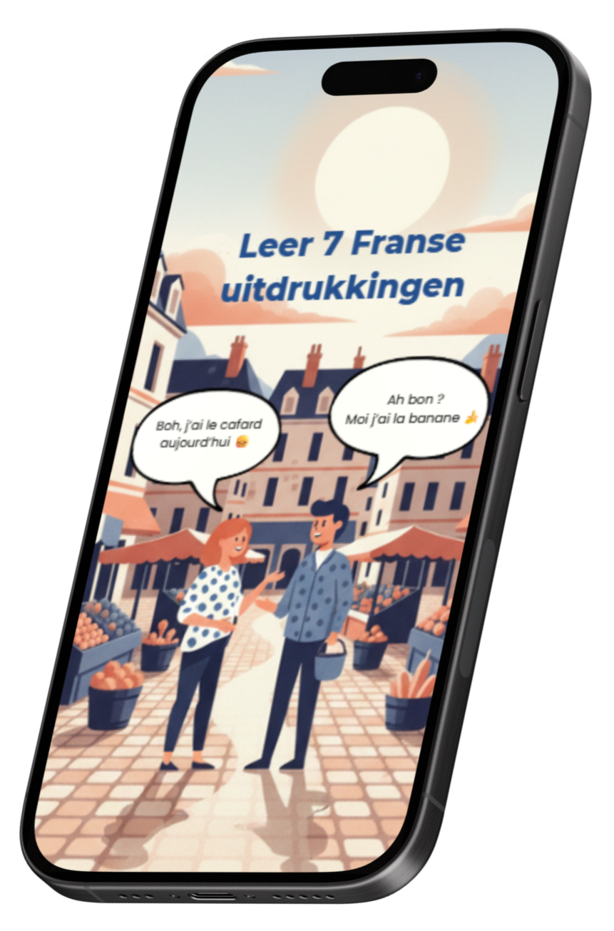 Mock-up van de freebie 7 Franse uitdrukkingen met twee Fransen die op de markt met elkaar praten en Franse uitdrukkingen gebruiken.