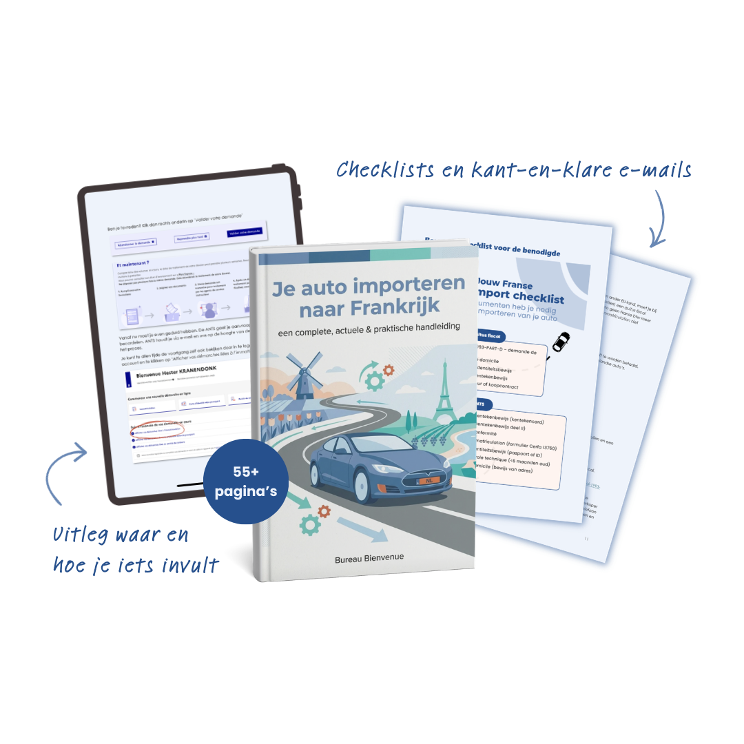 Een boek en documenten over het importeren van een auto naar Frankrijk, met een afbeelding van een auto voor de Eiffeltoren en een windmolen op de cover.