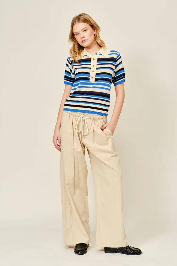 Aaron & Amber Front Shirring Detail Drawstring Straight Pants