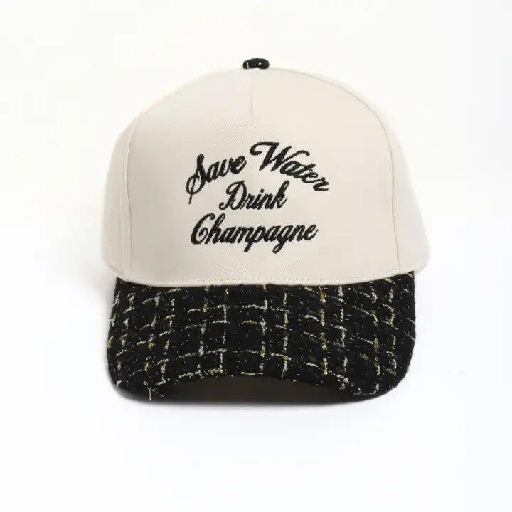 David & Young Save Water Drink Champagne Embroidered Tweed Brim Cap