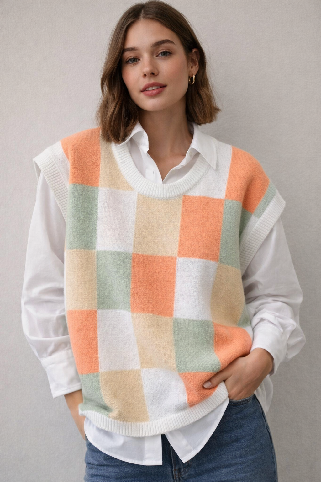 BiBi Multi Colored Checkered Pattern Sweater Vest