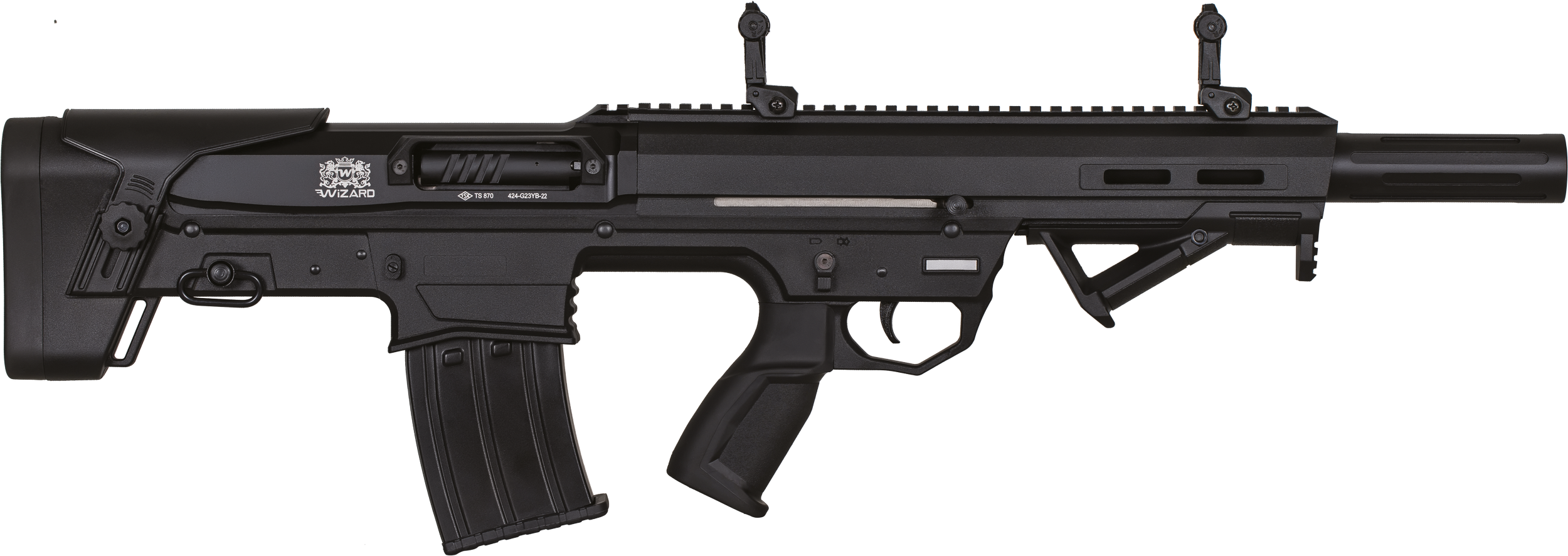 Sistema: Semiautomático operado a gas / Capacidad del cargador: 2+1 / 5+1 / 10+1 / Longitud del cañón: 51 cm / Peso: 3800 gramos