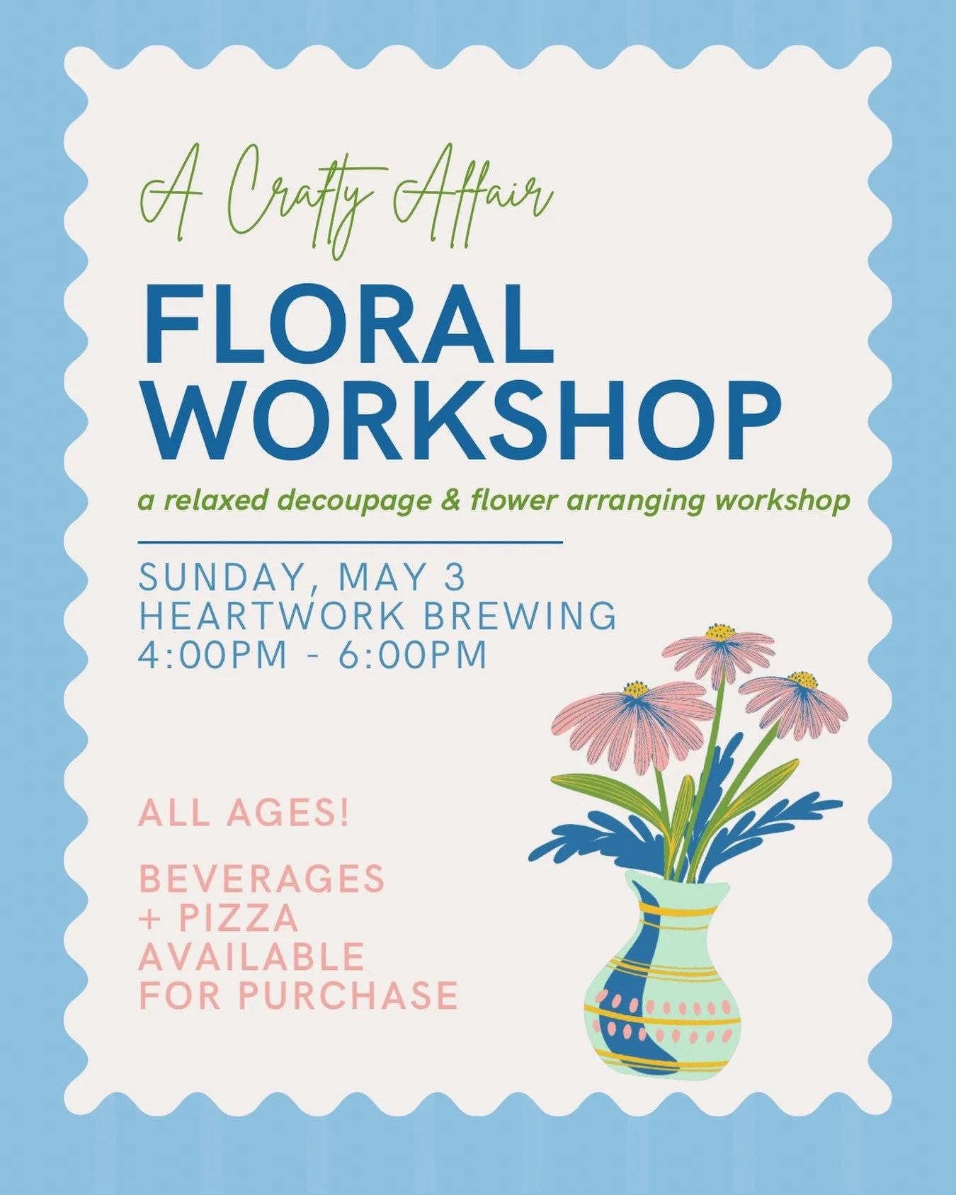 Up next: A Crafty Affair at Heartwork Brewing on May 3rd! Sign up by April 30th via the link in our bio. 

This will be a relaxed decoupage (or mod podge) craft and bouquet building workshop. You&rsquo;ll decorate the surface of a vase and learn basi