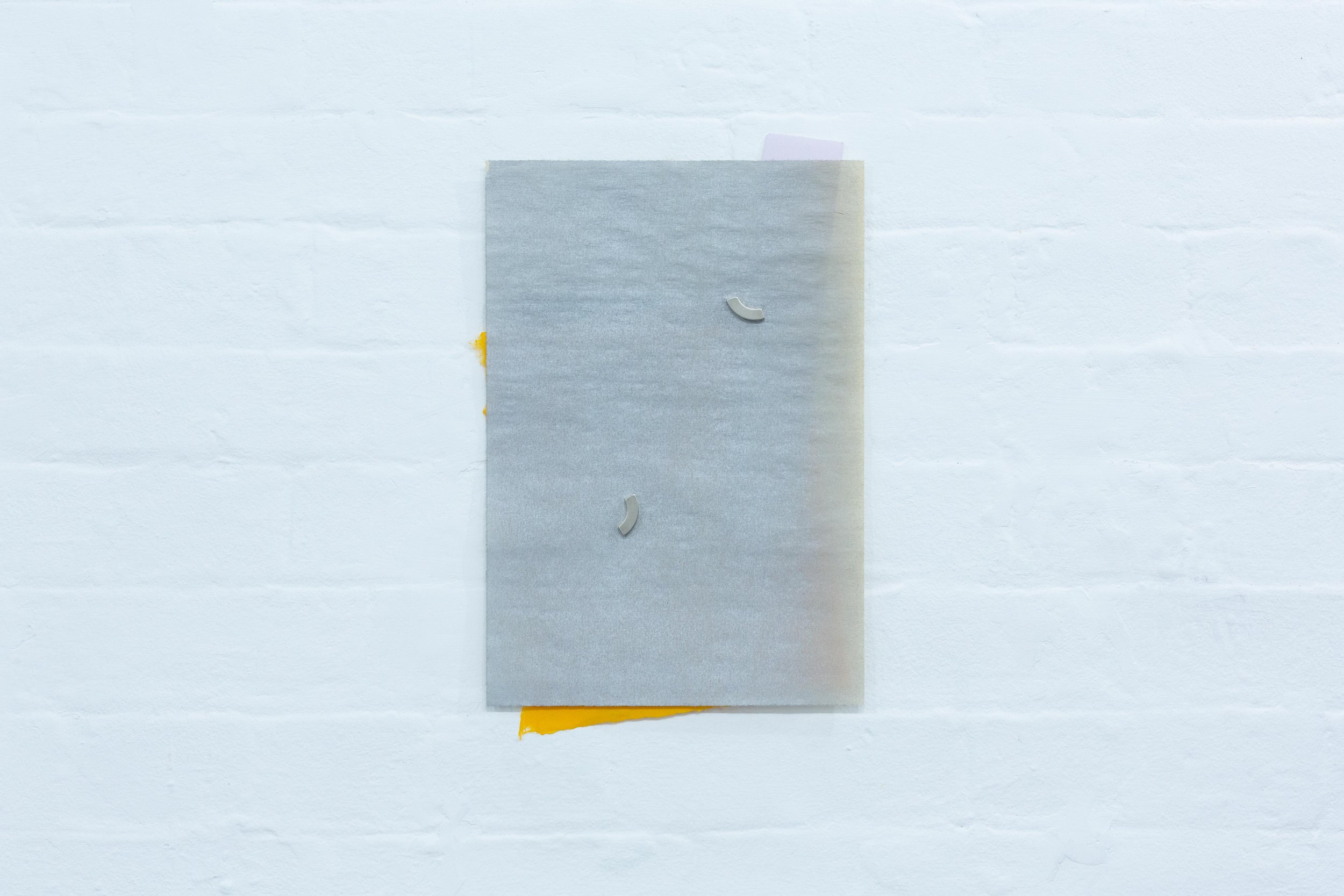 Ghost in the machine, 2025, hand printed etching ink on found paper, steel bars, magnets, 39x25cm (dimensions variable)