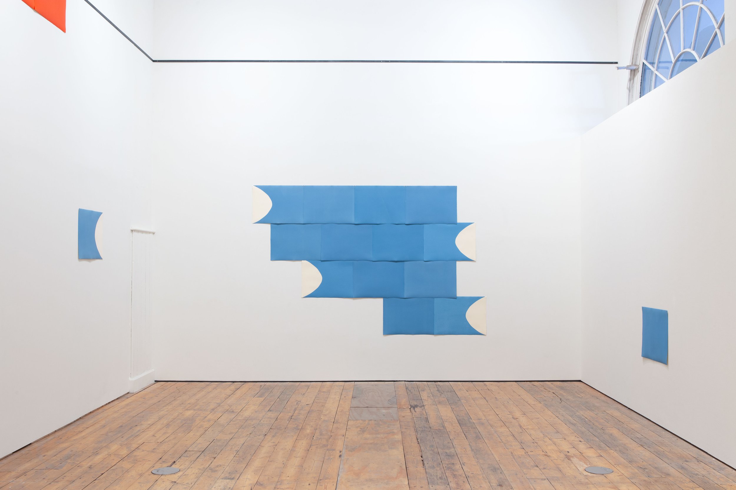 The blue, 2023, hand printed etching ink on Zerkall paper, steel bars, magnets, 192x288cm with two satellites 48x64cm each (dimensions variable)