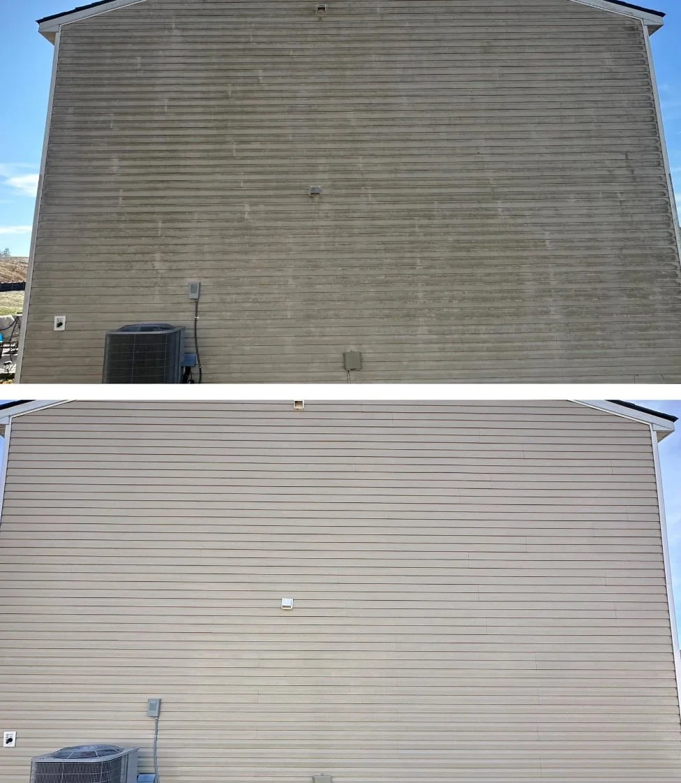 Comparison of a house's exterior wall before and after cleaning or renovation, with the top image showing a dirty, weathered wall and the bottom image showing a clean, new-looking wall in Calhoun, GA.
