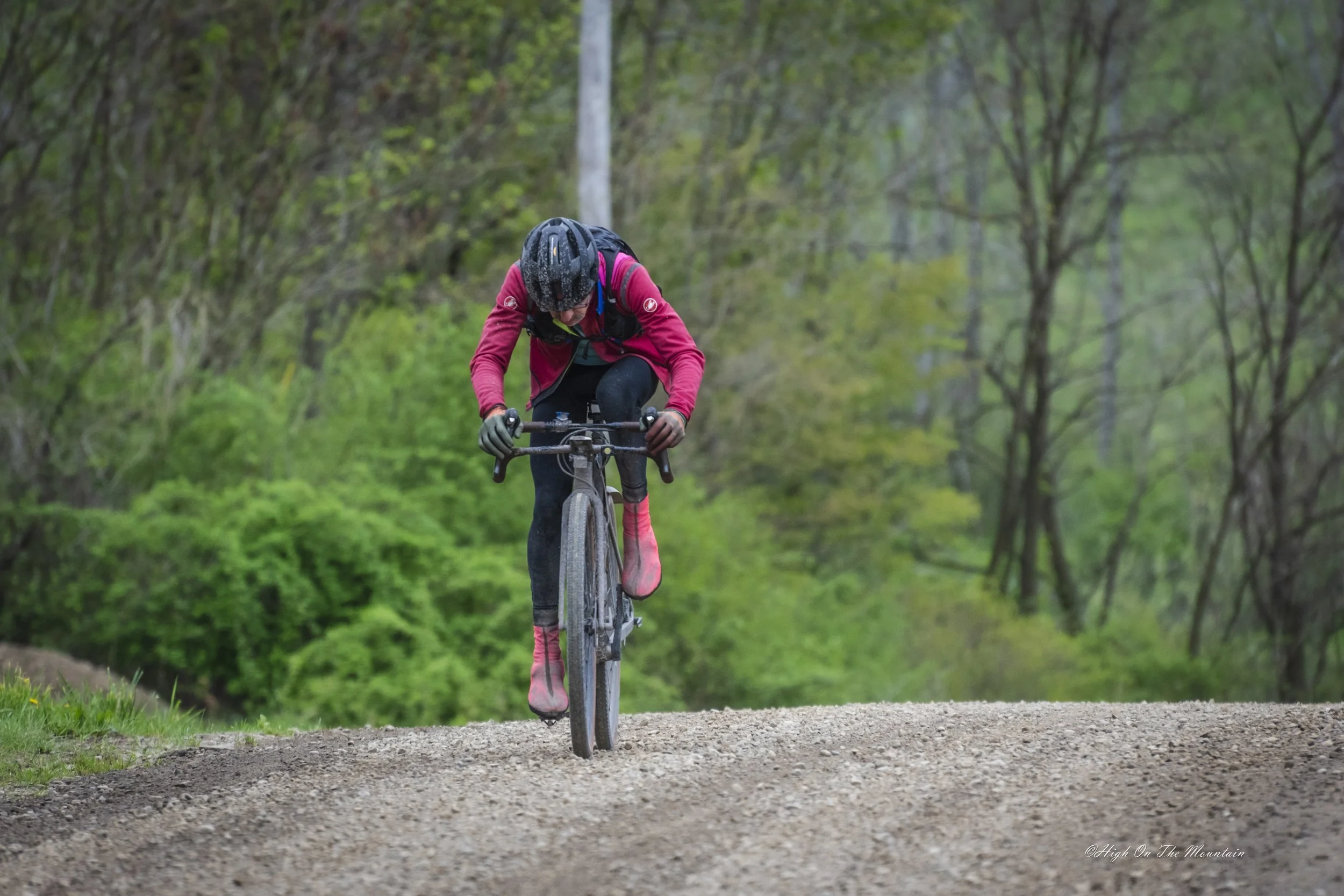 A person riding a mountain bike on a trail in a forest with green trees and bushes.