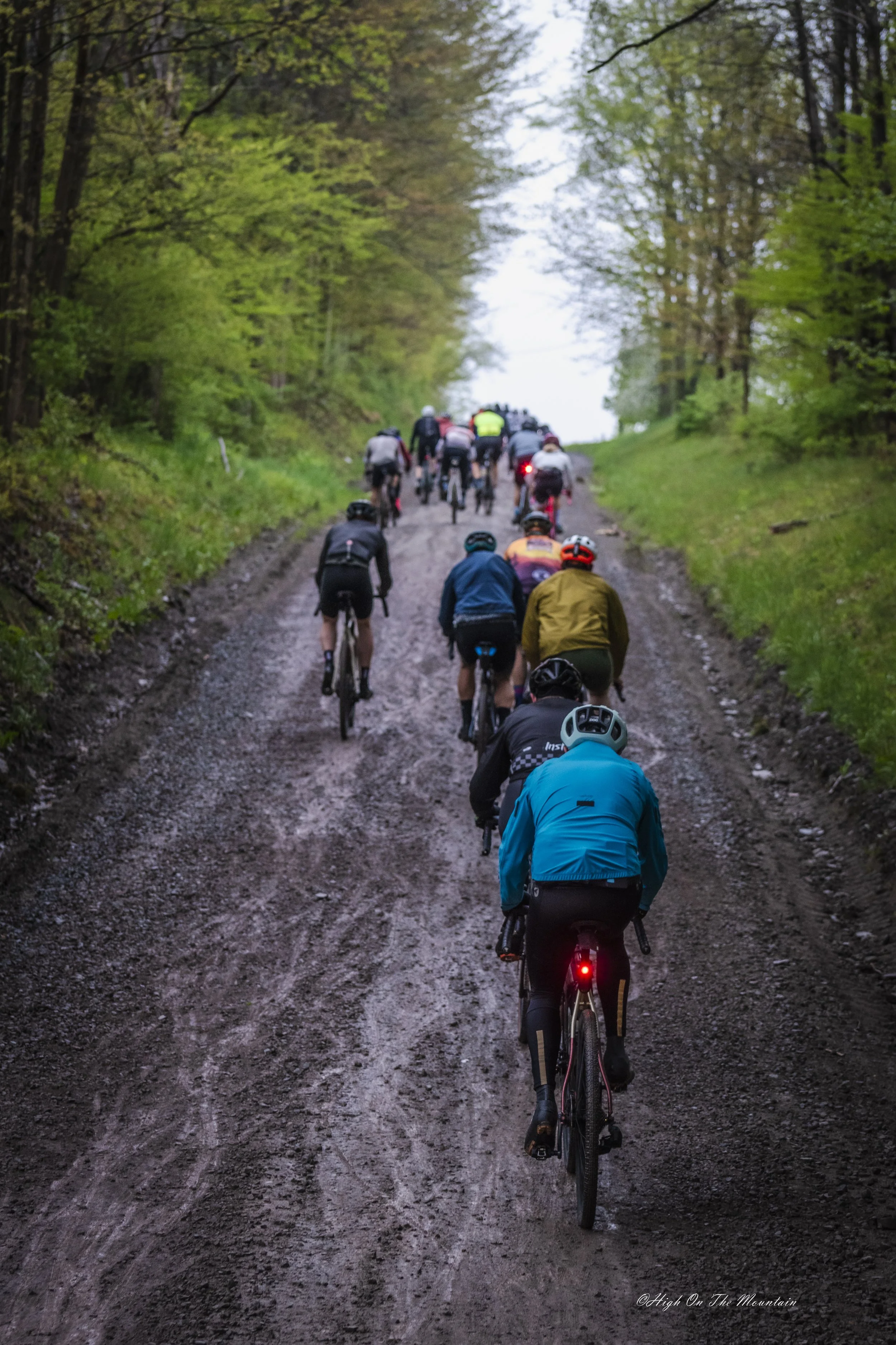 A group of cyclists riding on a muddy trail surrounded by green trees in a forested area.