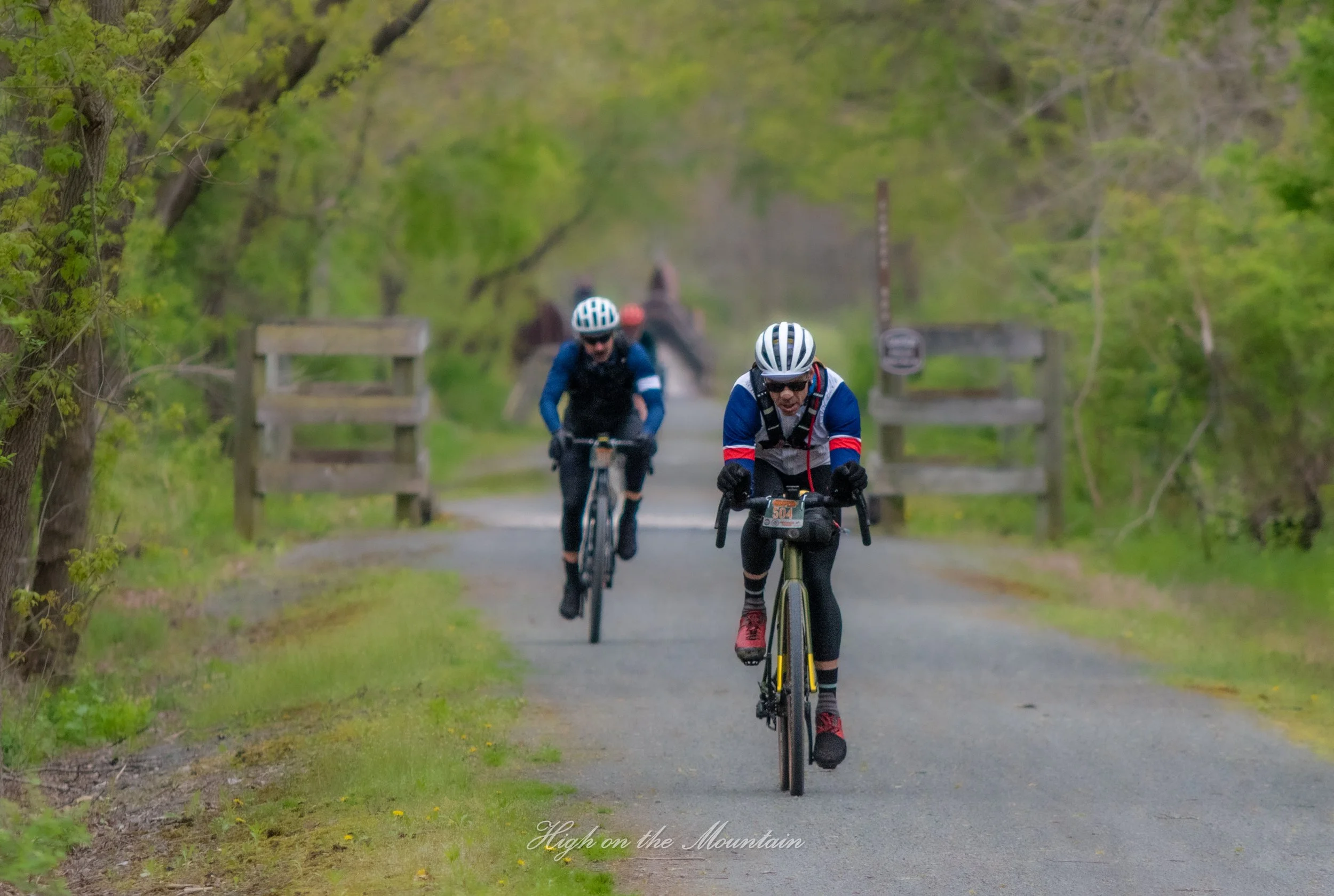 Three cyclists riding downhill on a paved trail through a green, wooded area, with trees and a wooden fence along the sides.