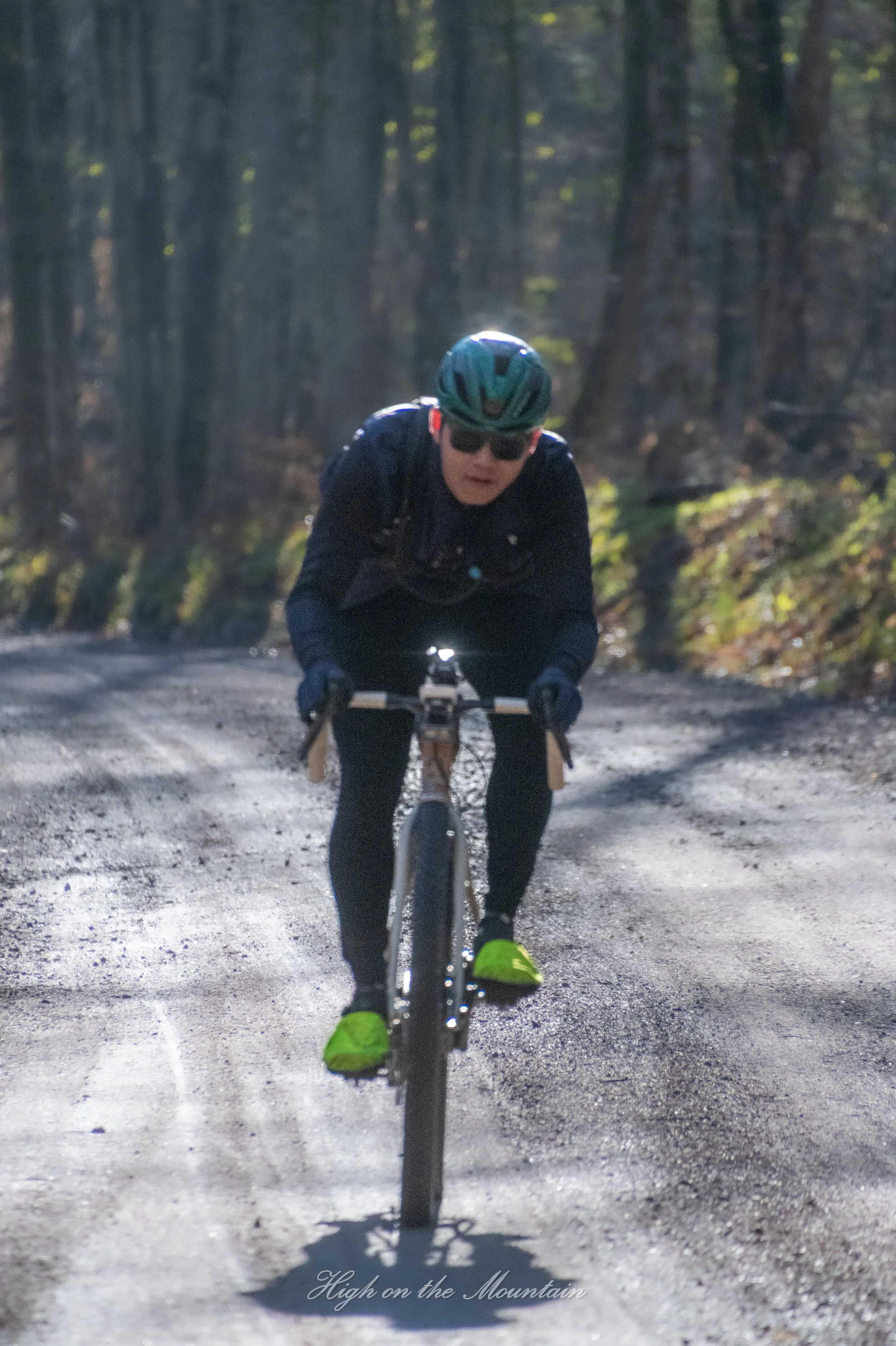A cyclist wearing a dark jacket, sunglasses, and a helmet riding a mountain bike on a dirt trail through a forest with tall trees. The sunlight filters through the trees, creating a bright background. The text 'High on the Mountain' is written at the