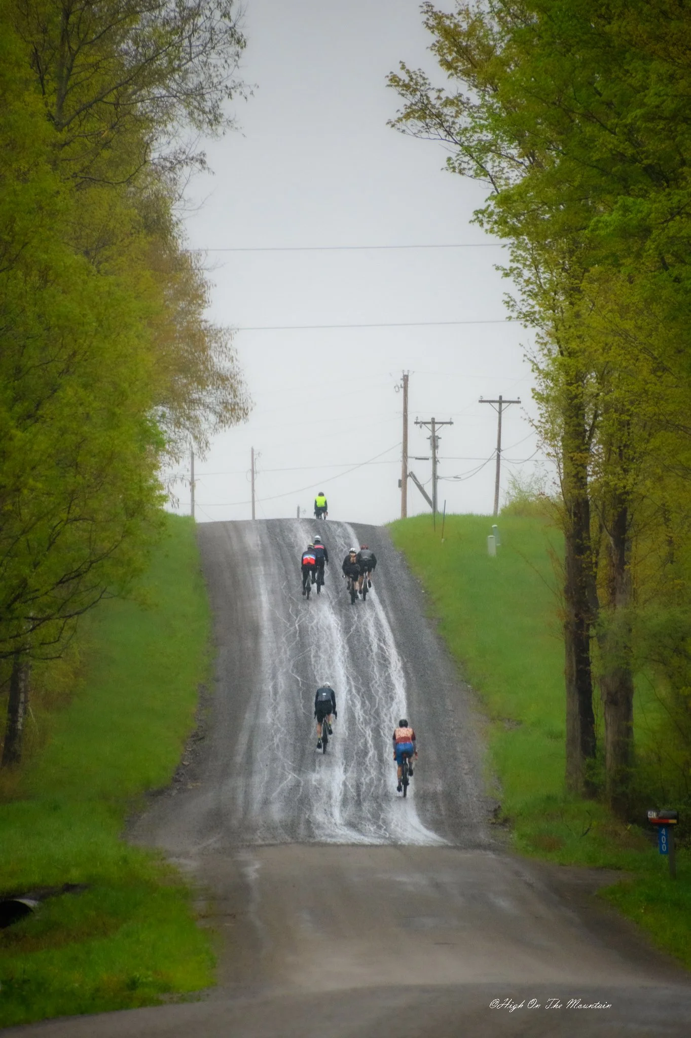 A steep rural road with light rain, lined by green trees, with seven cyclists riding uphill, some wearing helmets and rain gear, and utility poles with power lines along the road.