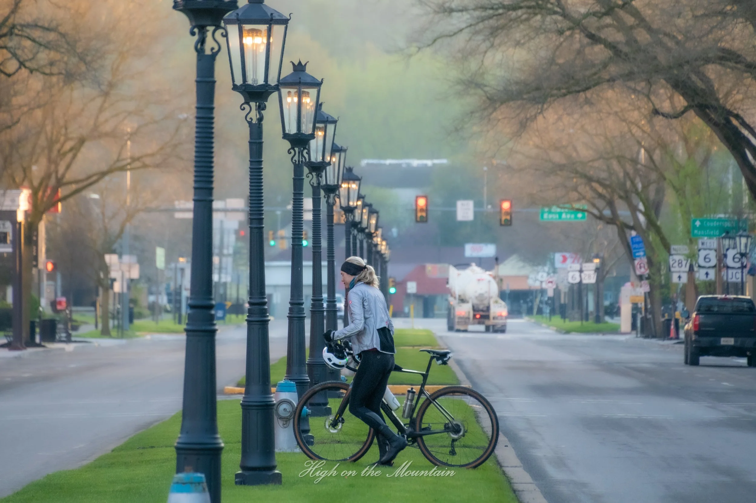 A woman with a bicycle, wearing a gray jacket and black pants, standing on a sidewalk by lampposts in a city street during dawn or dusk. Trees with sparse leaves line the background, with traffic lights and signs visible, and a foggy atmosphere.