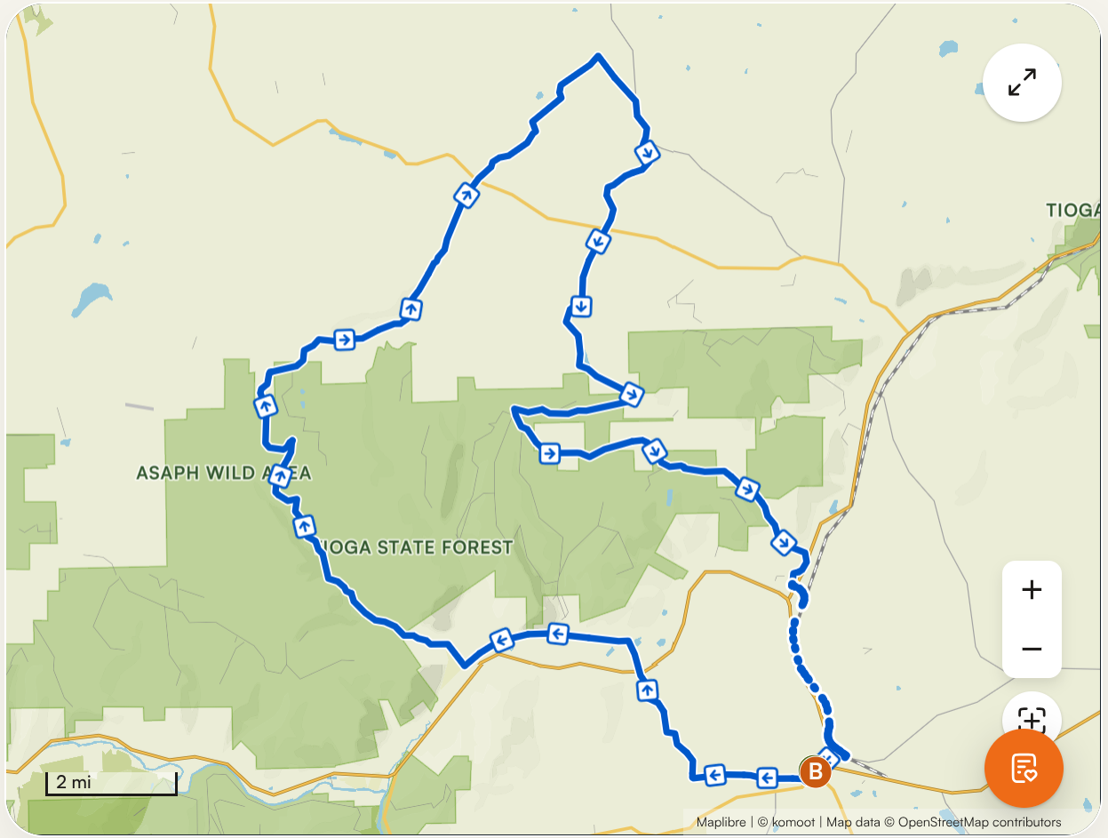 Map highlighting a trail route through Yogo State Forest and Asaph Wild Area, with multiple directional waypoints and a starting point marked 'B'.
