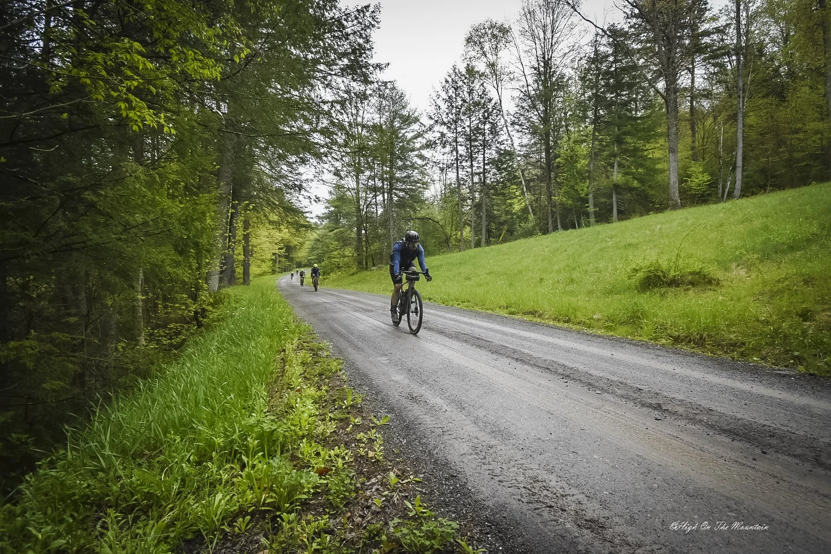Group of cyclists riding on a gravel road through a lush, green forested area.