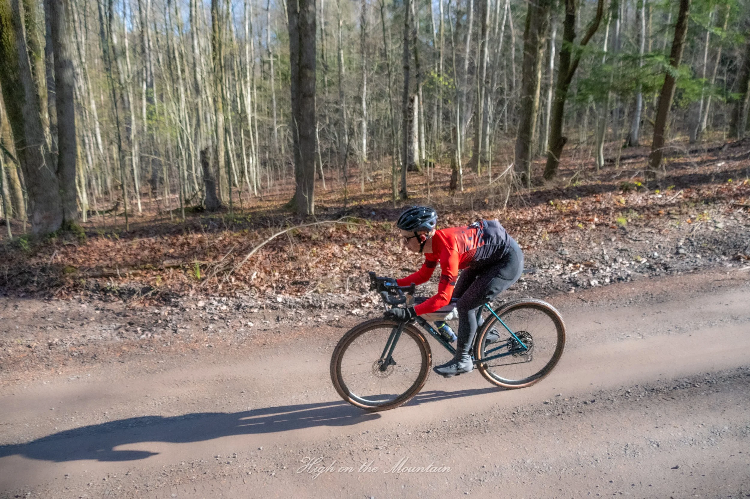 A cyclist wearing a black helmet, red jacket, and black pants riding a mountain bike on a dirt trail through a forest with tall, leafless trees and scattered leaves on the ground.