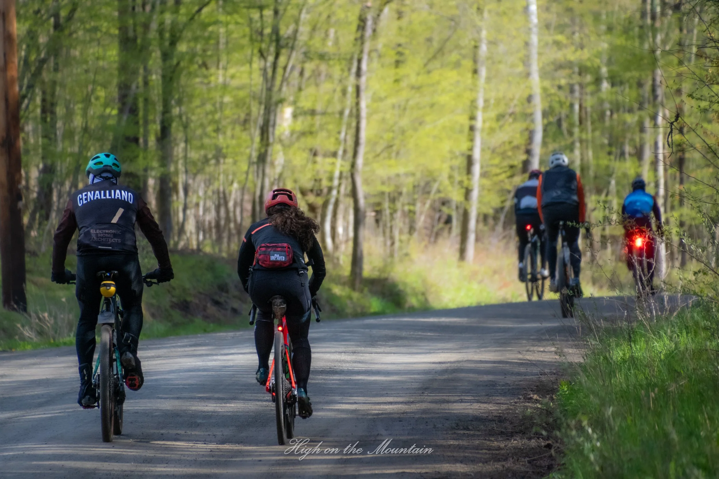 A group of five mountain bikers riding on a forest trail surrounded by green trees on a sunny day.