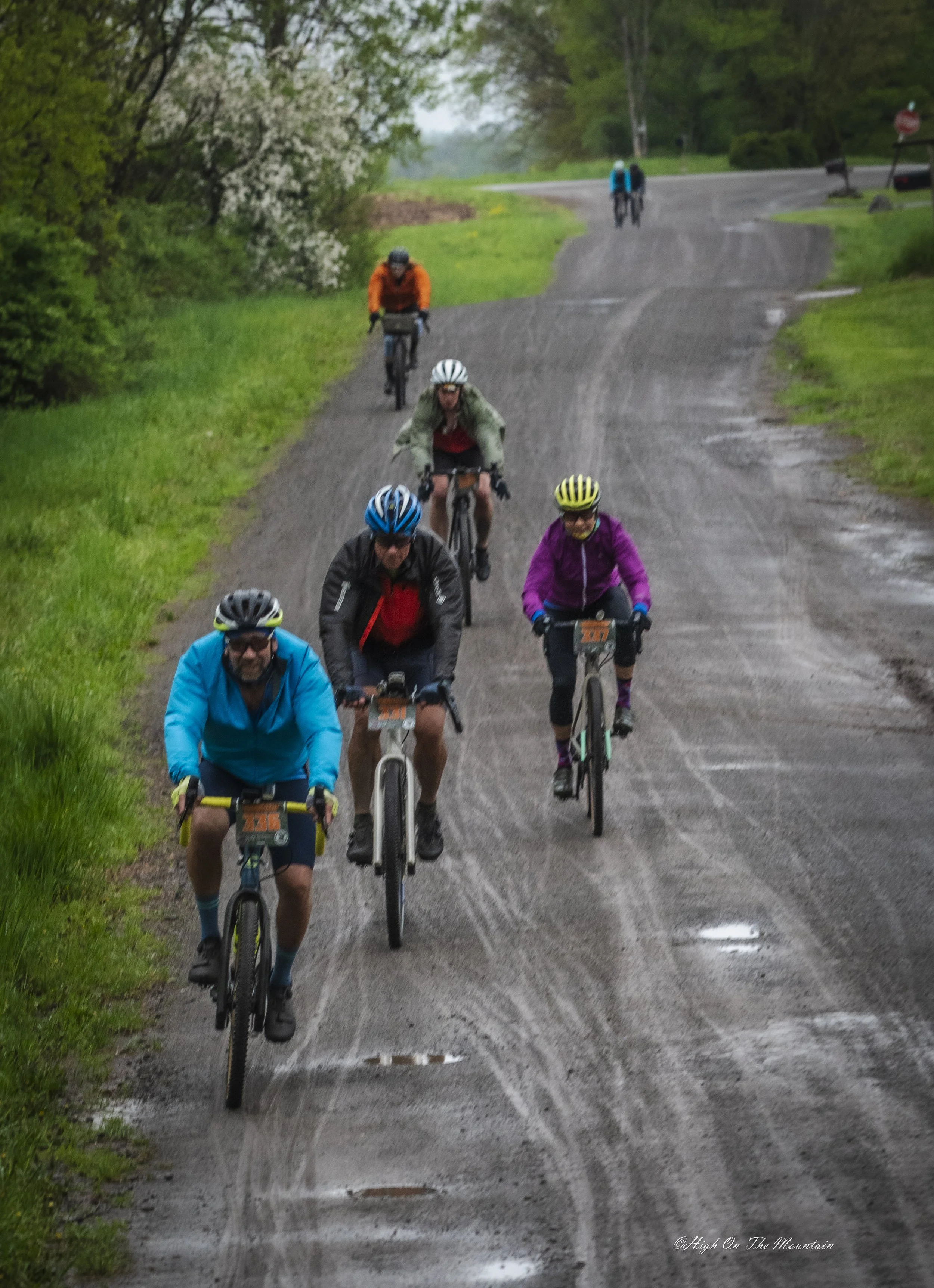 A group of five cyclists riding on a dirt road surrounded by green trees and grass.