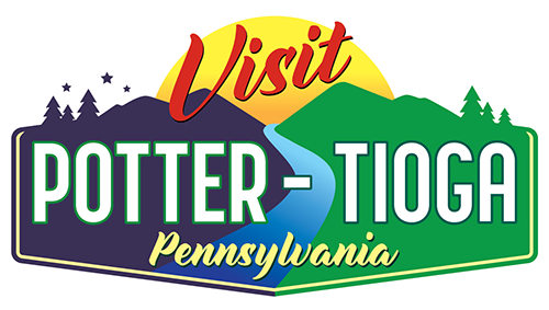 Visit Potter-Tioga, Pennsylvania sign with a sunset, mountains, and trees logo
