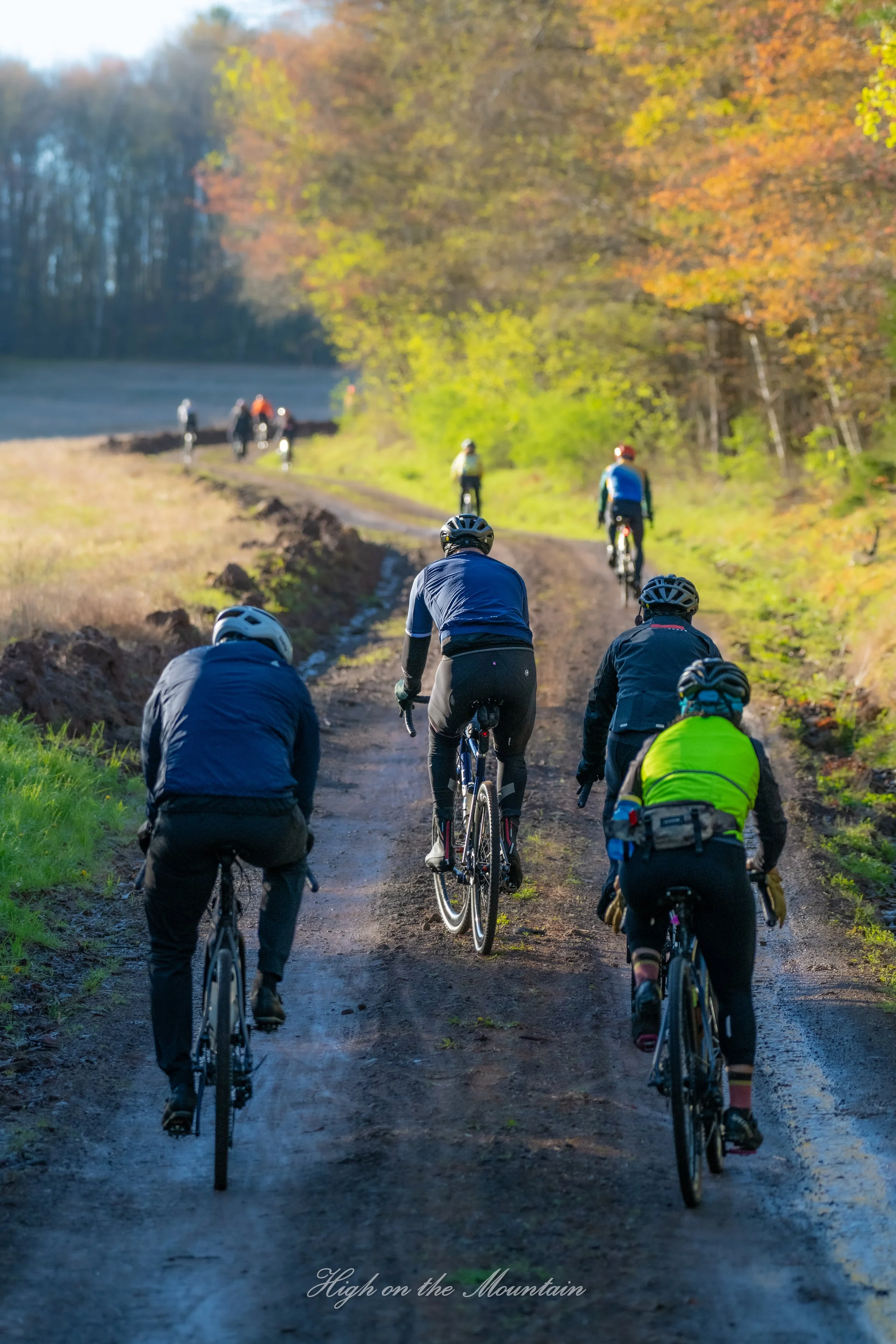 Group of cyclists riding on a dirt trail in a forested area during fall, with colorful autumn leaves on the trees and sunlight filtering through.