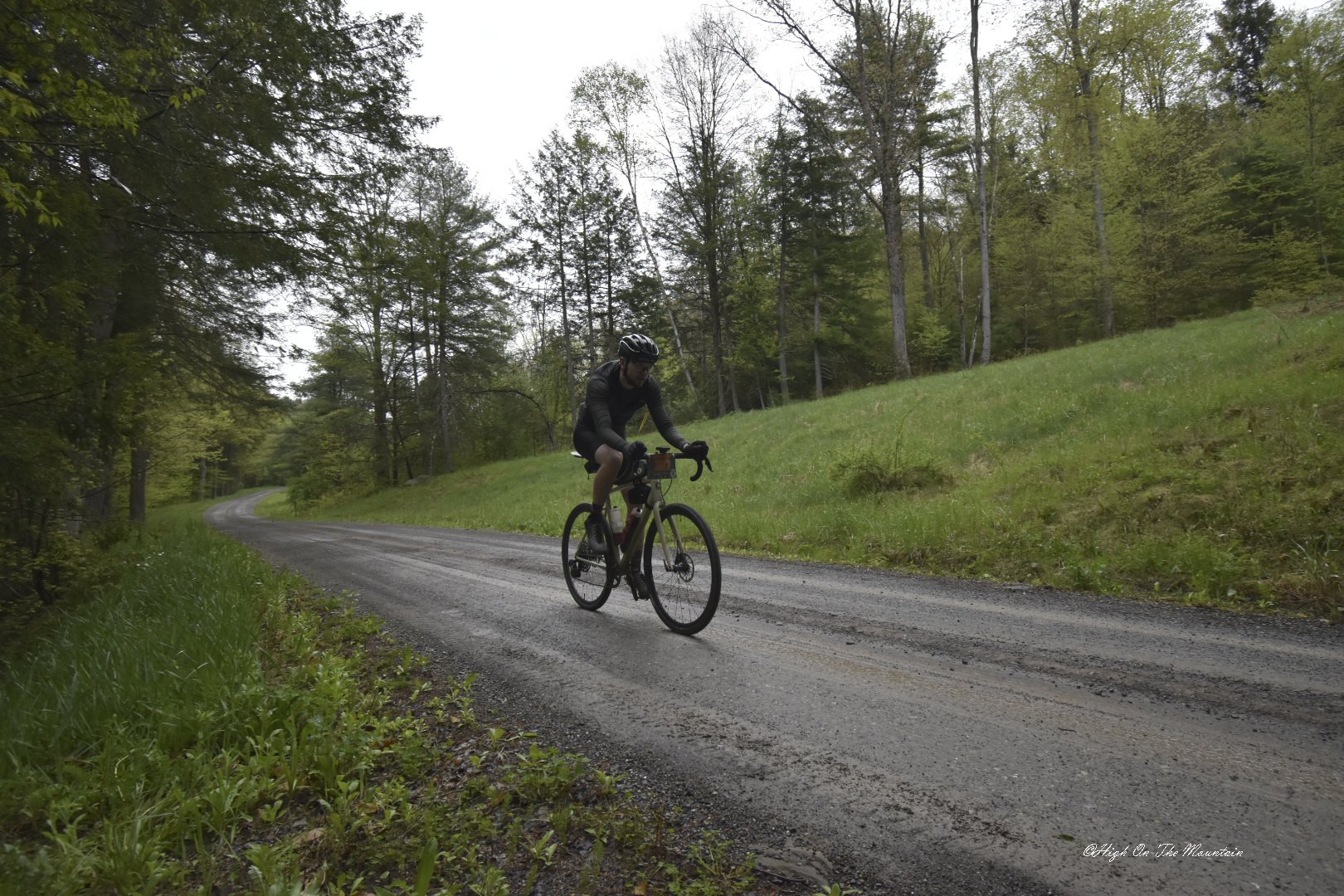 A person riding a bicycle on a dirt road through a forested area with tall trees on both sides.