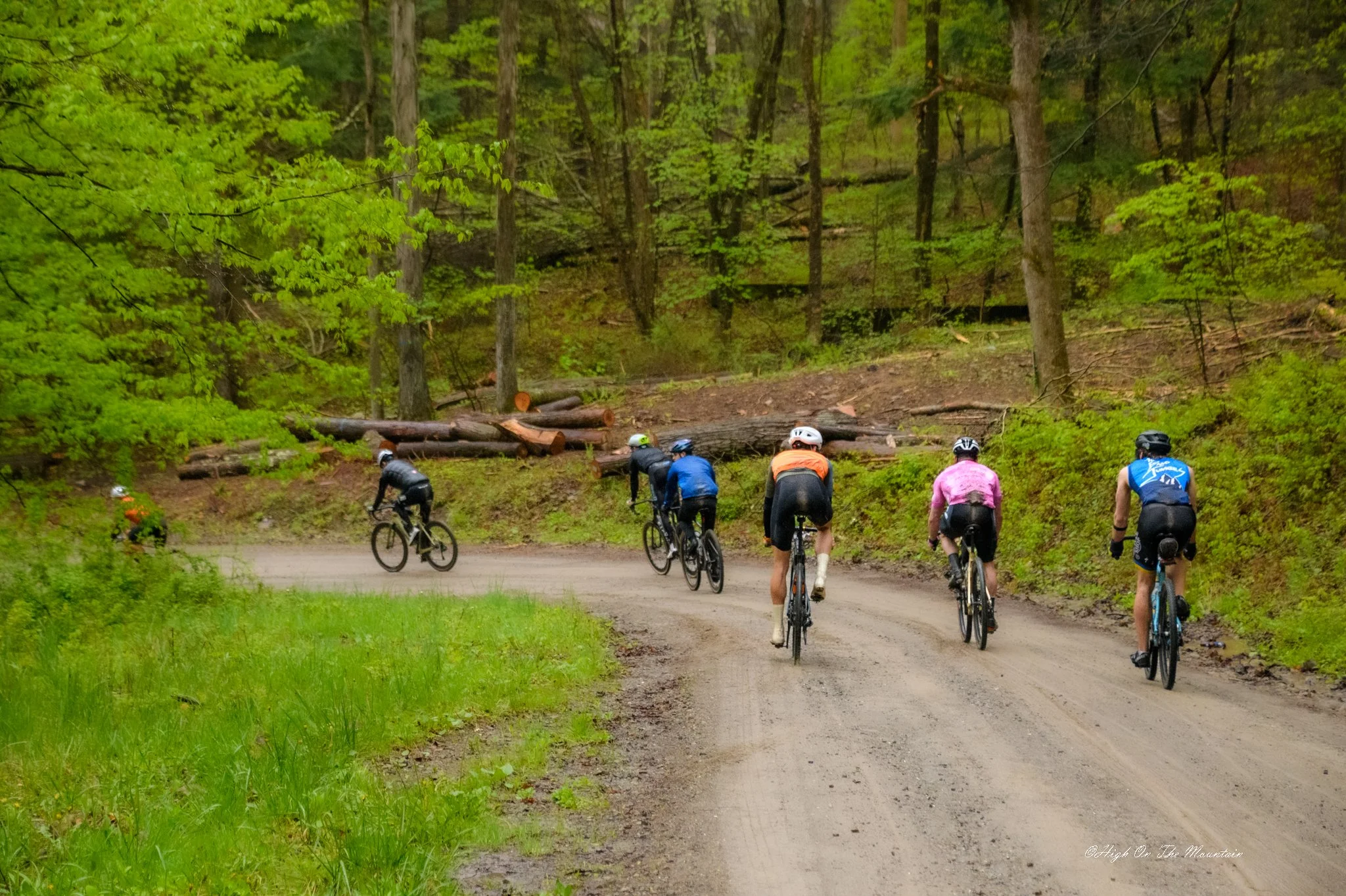 A group of cyclists riding on a dirt trail through a green forest with fallen logs across the path.