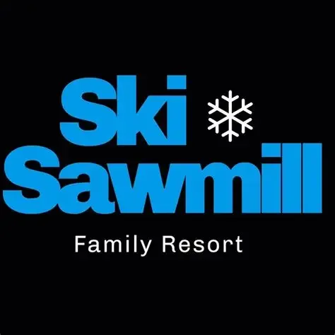 Logo for Ski Sawmill Family Resort with blue text and a snowflake icon.