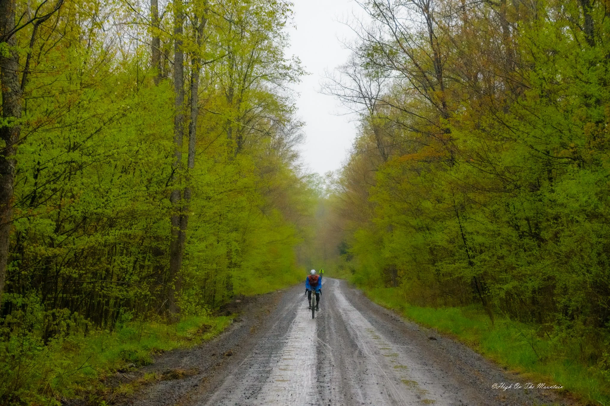 People walking and biking along a muddy forest trail surrounded by lush green trees with some autumn-colored leaves, under an overcast sky.