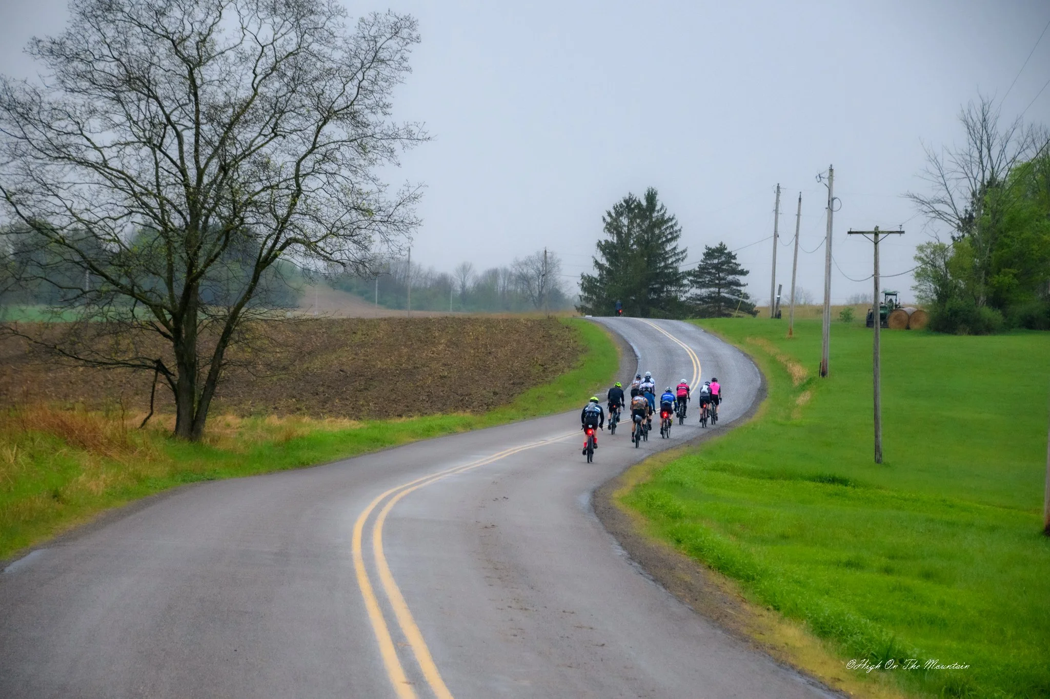 A group of cyclists riding on a winding rural road through green fields with sparse trees and utility poles, under an overcast sky.