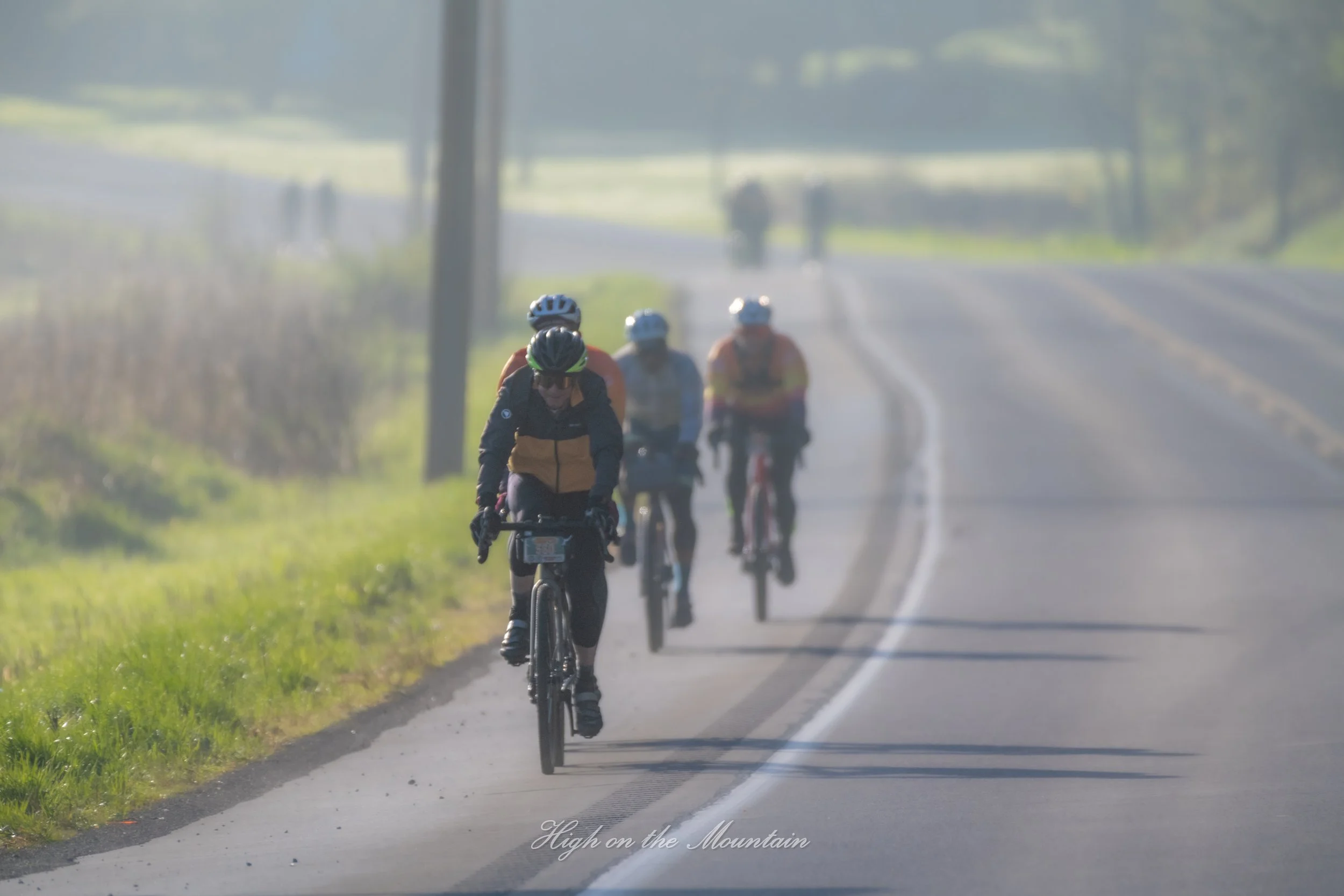 Group of cyclists riding bicycles along a rural road surrounded by greenery on a sunny day.